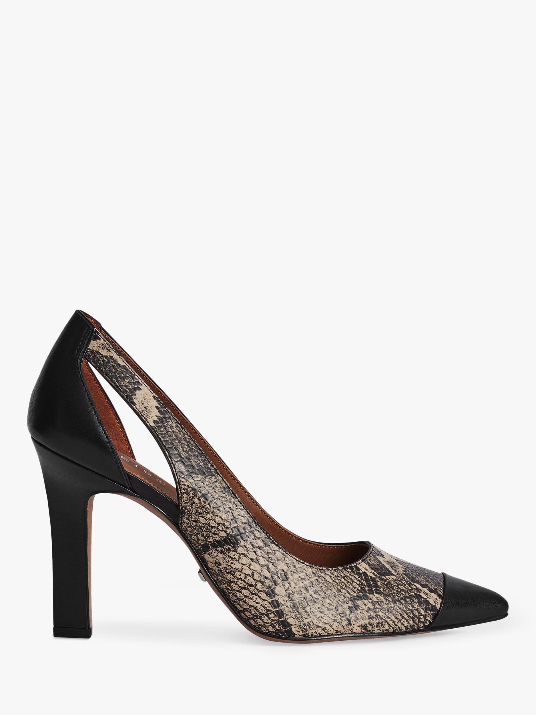 Reiss Samara Leather Pointed Toe Court Shoes, Black Snakeskin