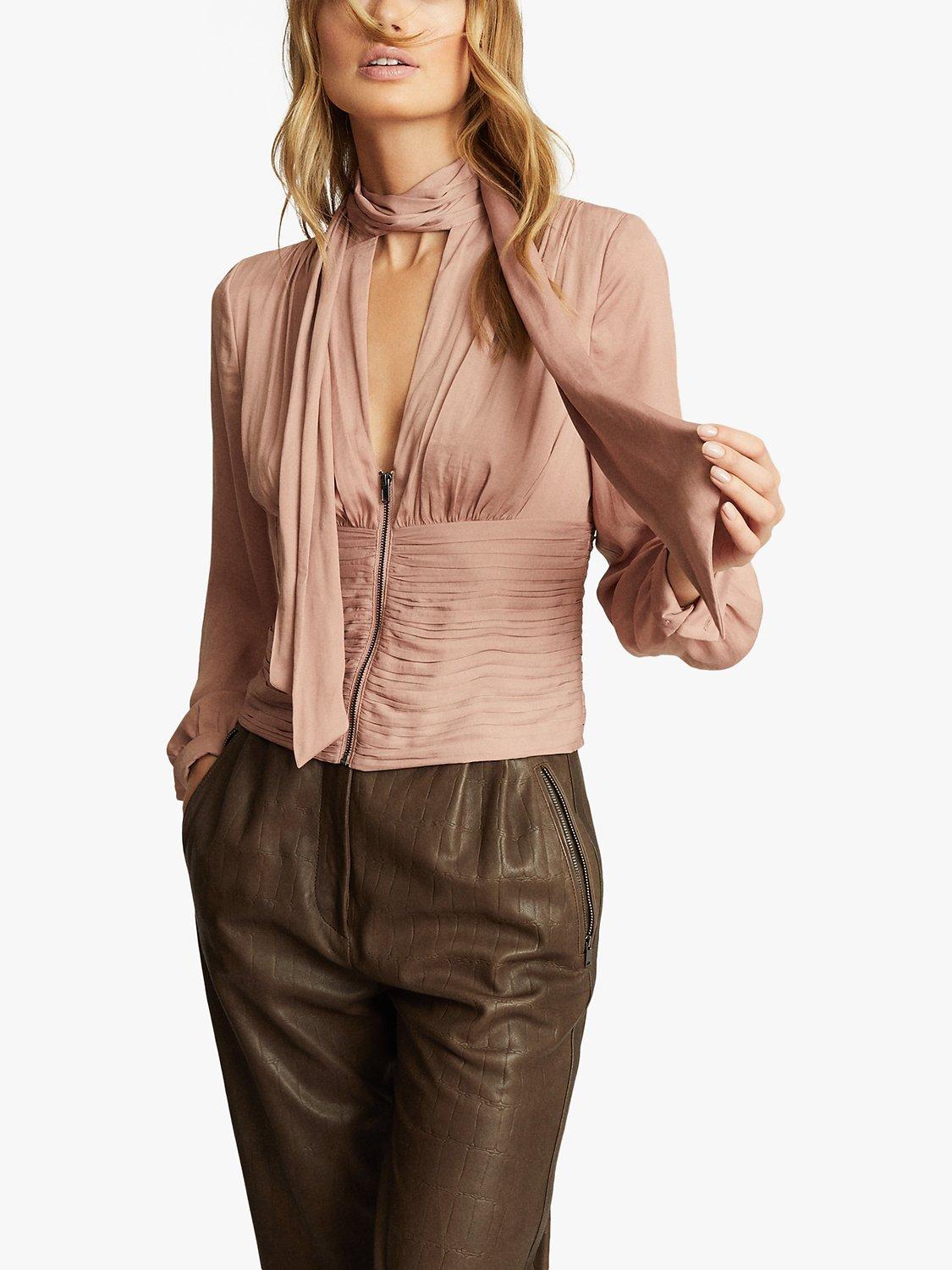 Reiss Skye Plunge Neck Fitted Blouse, Pink