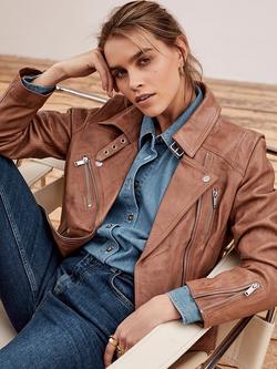 Mint Velvet Leather Biker Jacket, Brown/Multi - view 2, Brown/Multi