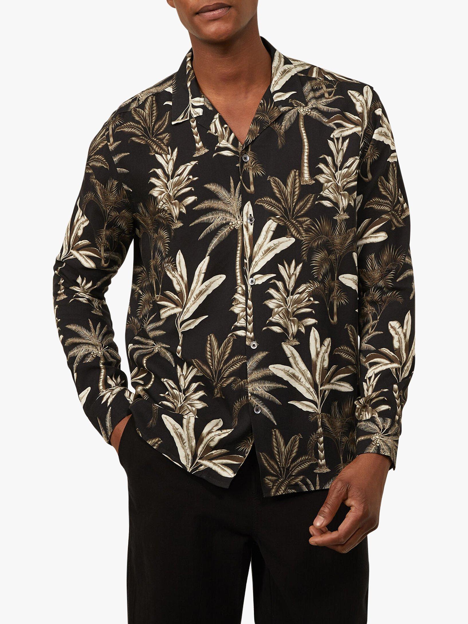 Warehouse Cuban Collar Palm Print Shirt, Black Pattern