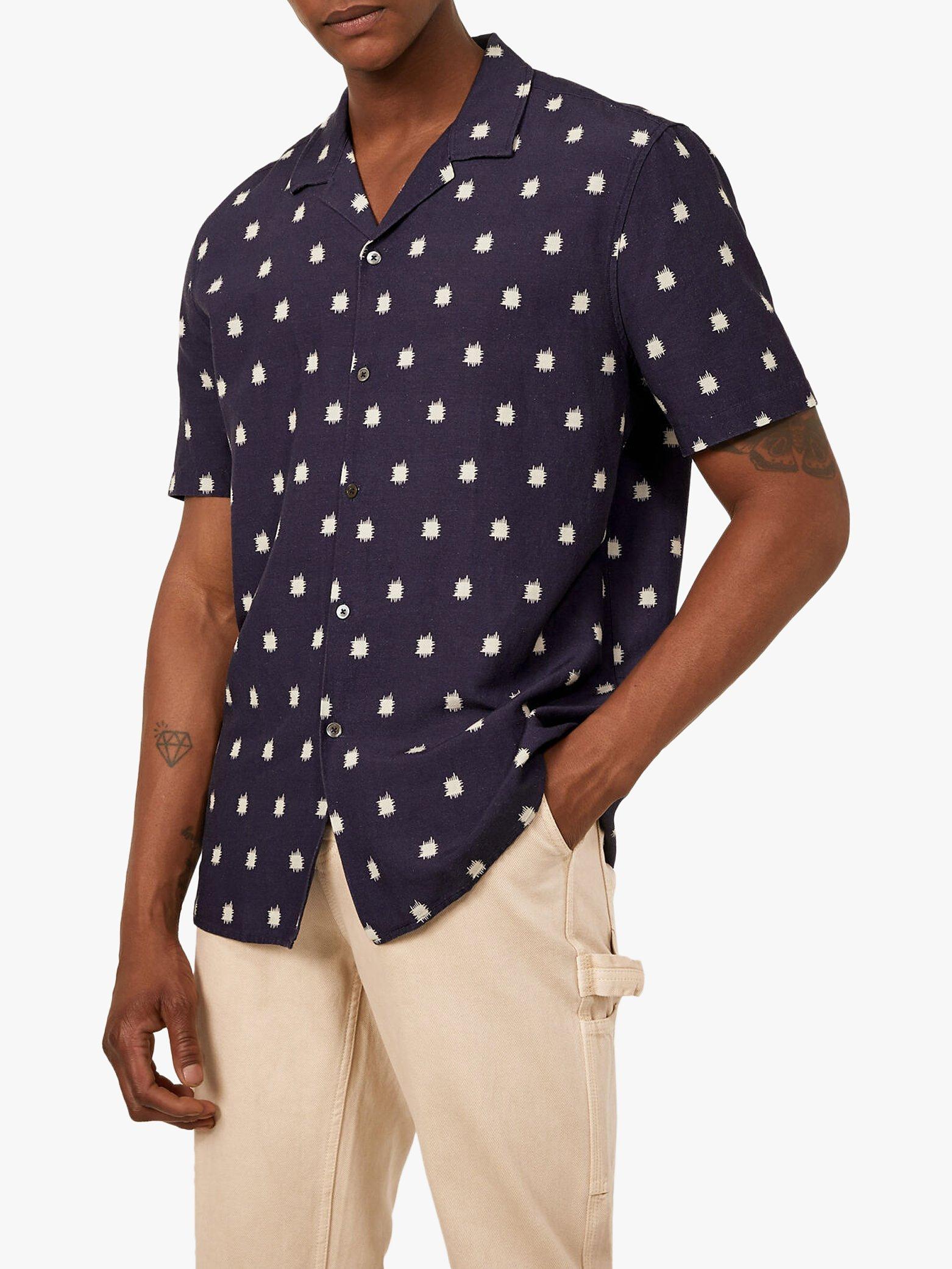 Warehouse Cuban Collar Stamp Print Short Sleeve Linen Blend Shirt, Blue Pattern