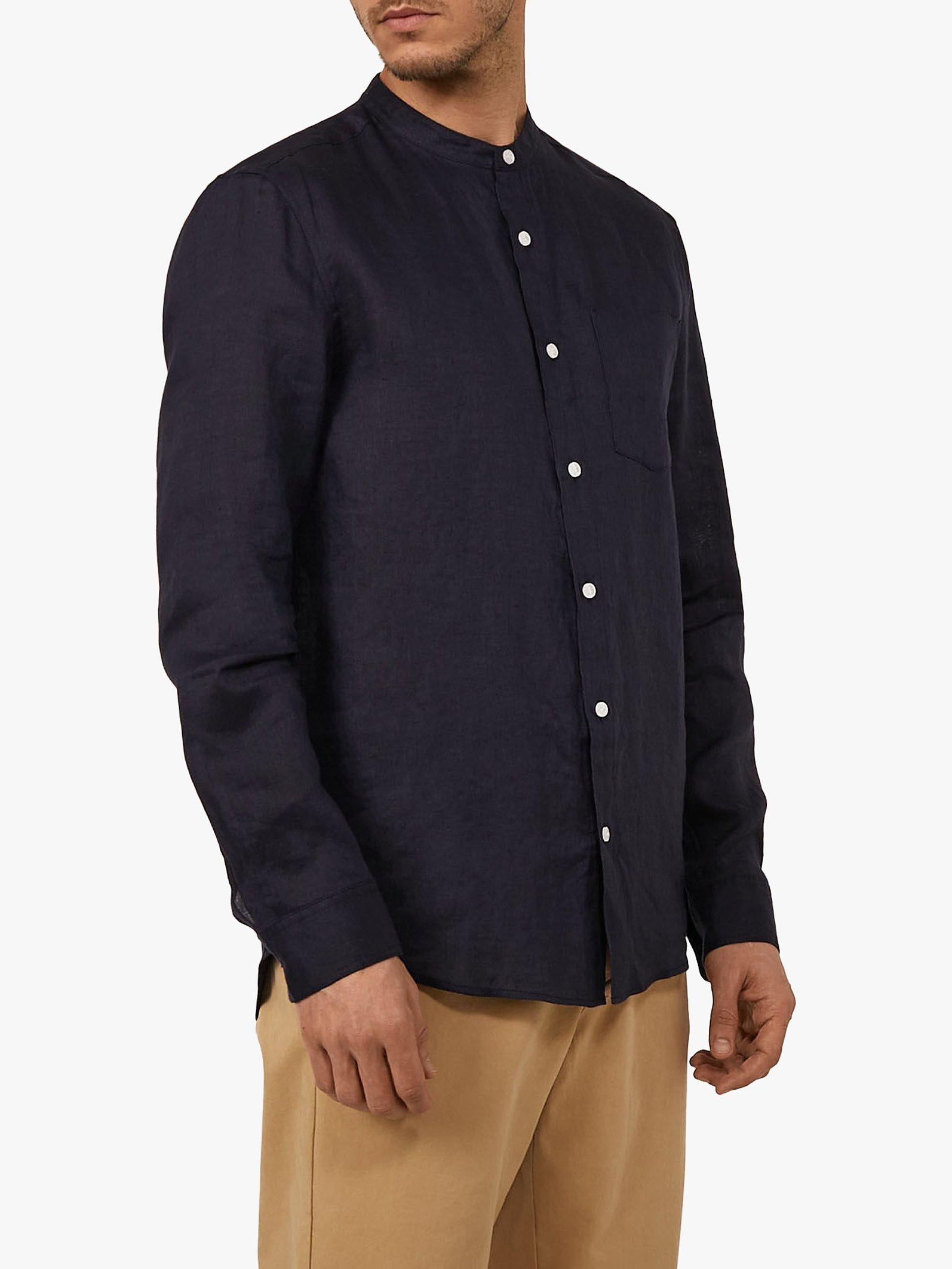 Warehouse Linen Grandad Collar Shirt, Navy