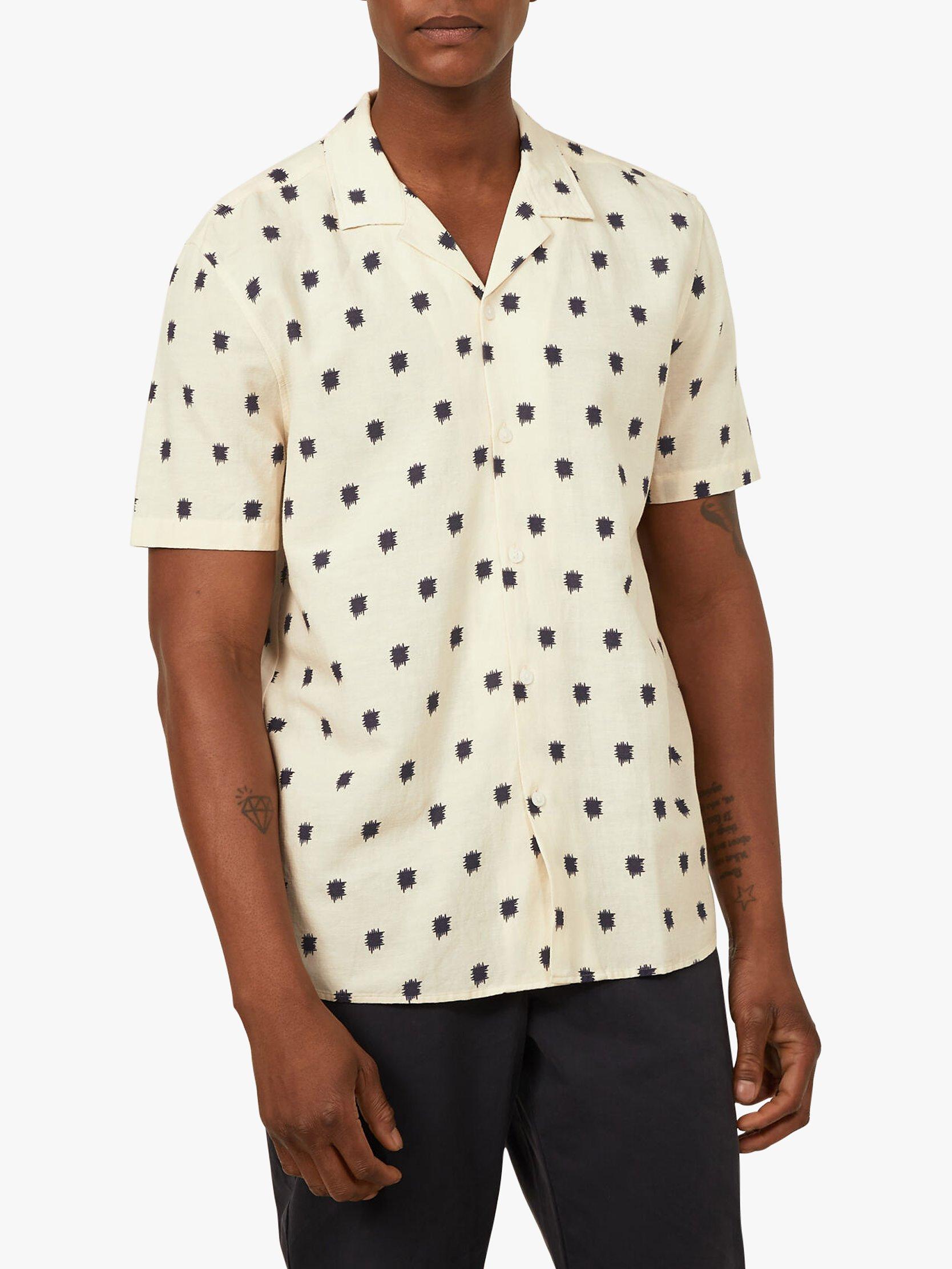 Product image 1 of 5, which shows Warehouse Cuban Collar Stamp Print Short Sleeve Linen Blend Shirt, Neutral Print, S