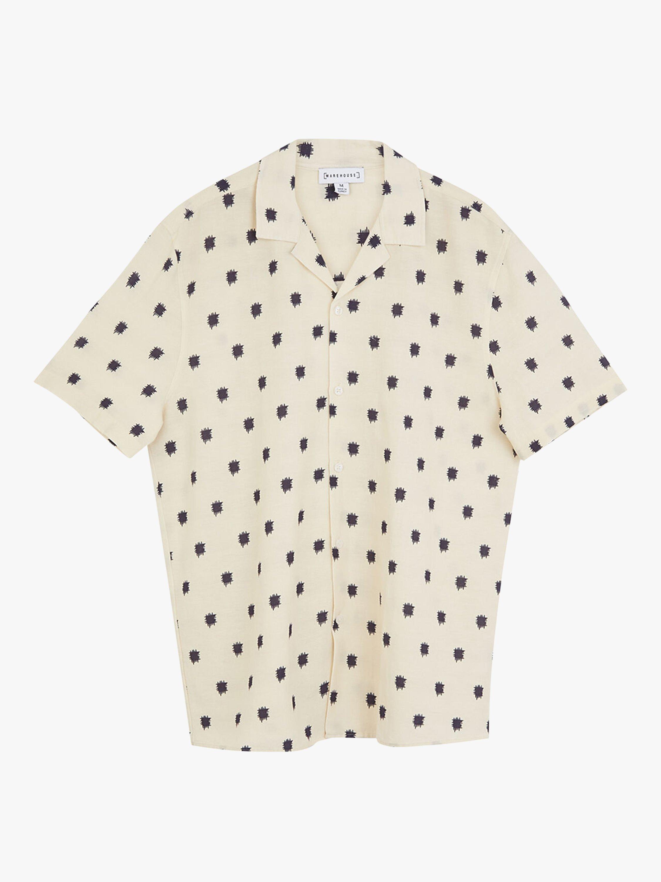 Product image 4 of 5, which shows Warehouse Cuban Collar Stamp Print Short Sleeve Linen Blend Shirt, Neutral Print, S