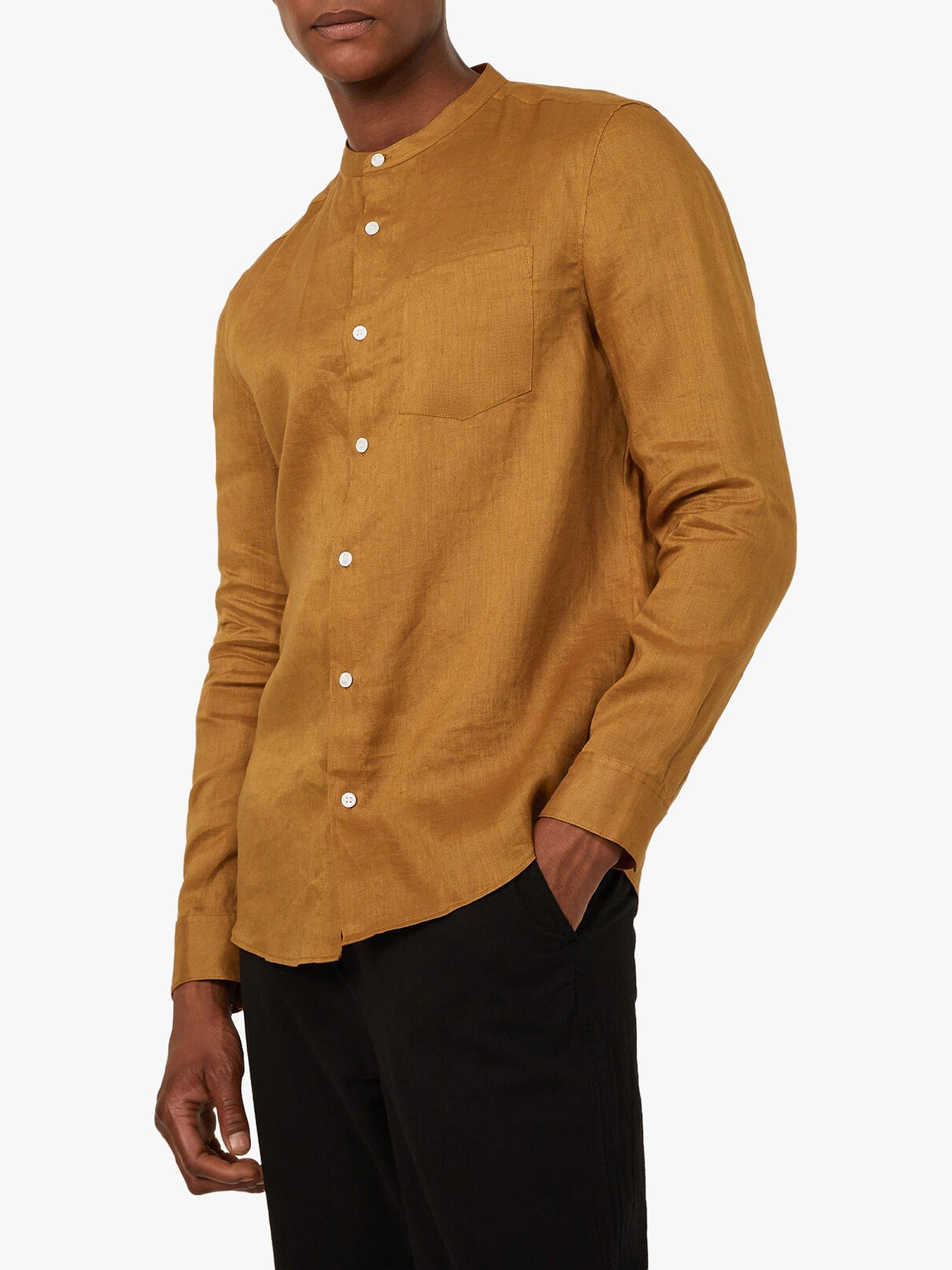 Warehouse Linen Grandad Collar Shirt, Tan