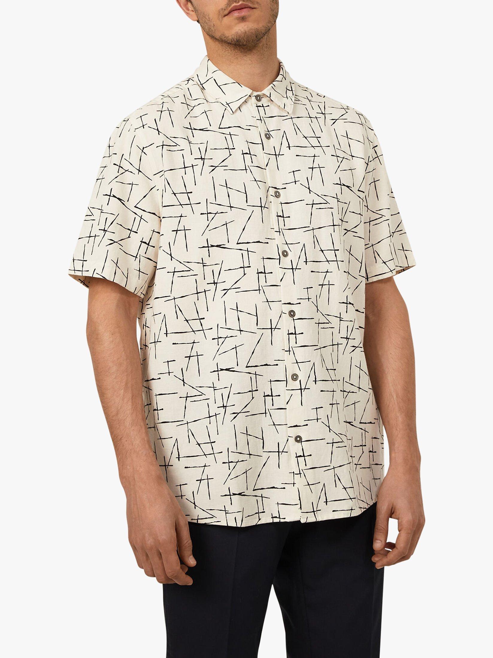 Product image 1 of 2, which shows Warehouse Short Sleeve Line Print Linen Blend Shirt, Stone, S