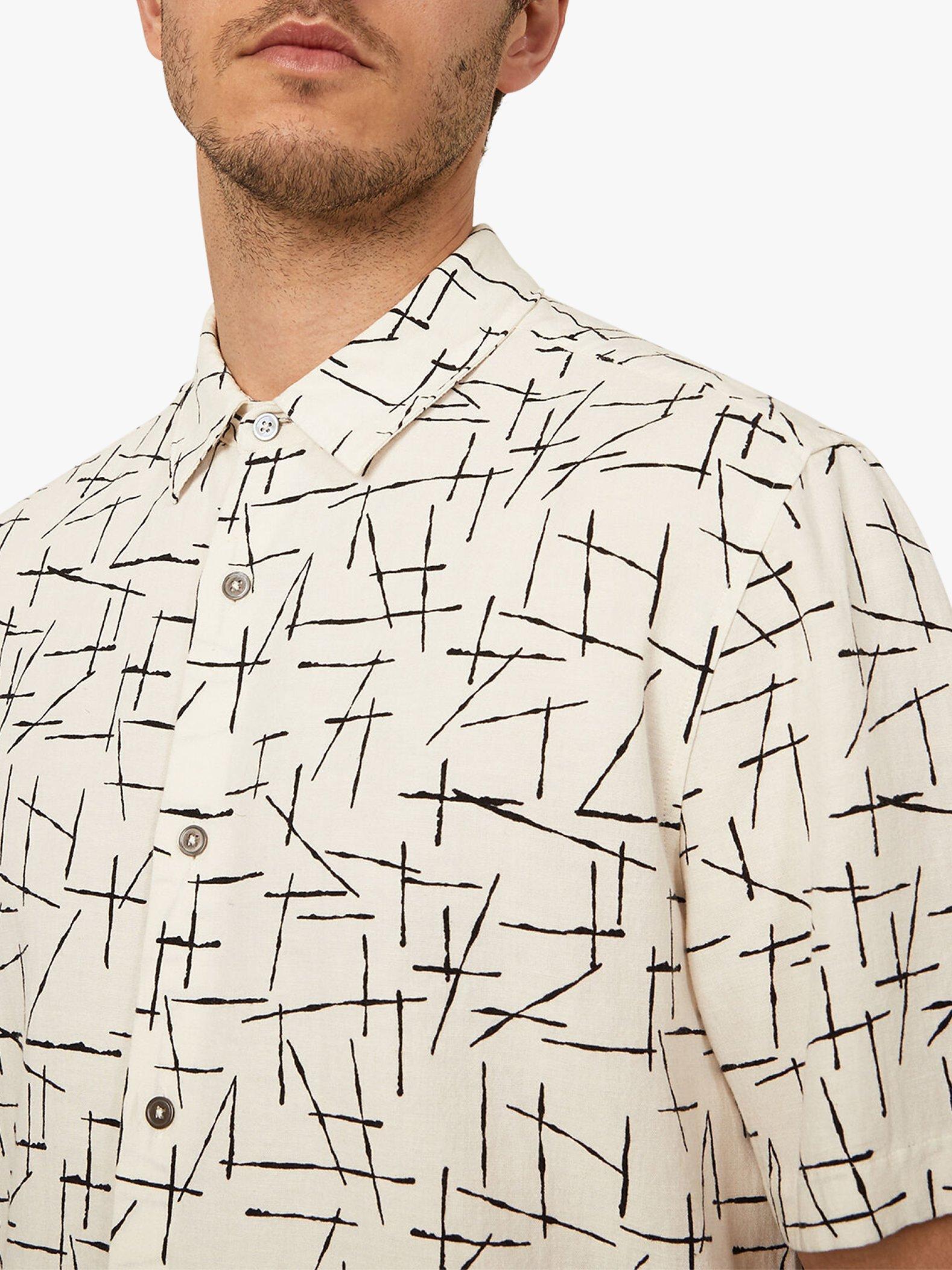 Product image 2 of 2, which shows Warehouse Short Sleeve Line Print Linen Blend Shirt, Stone, S