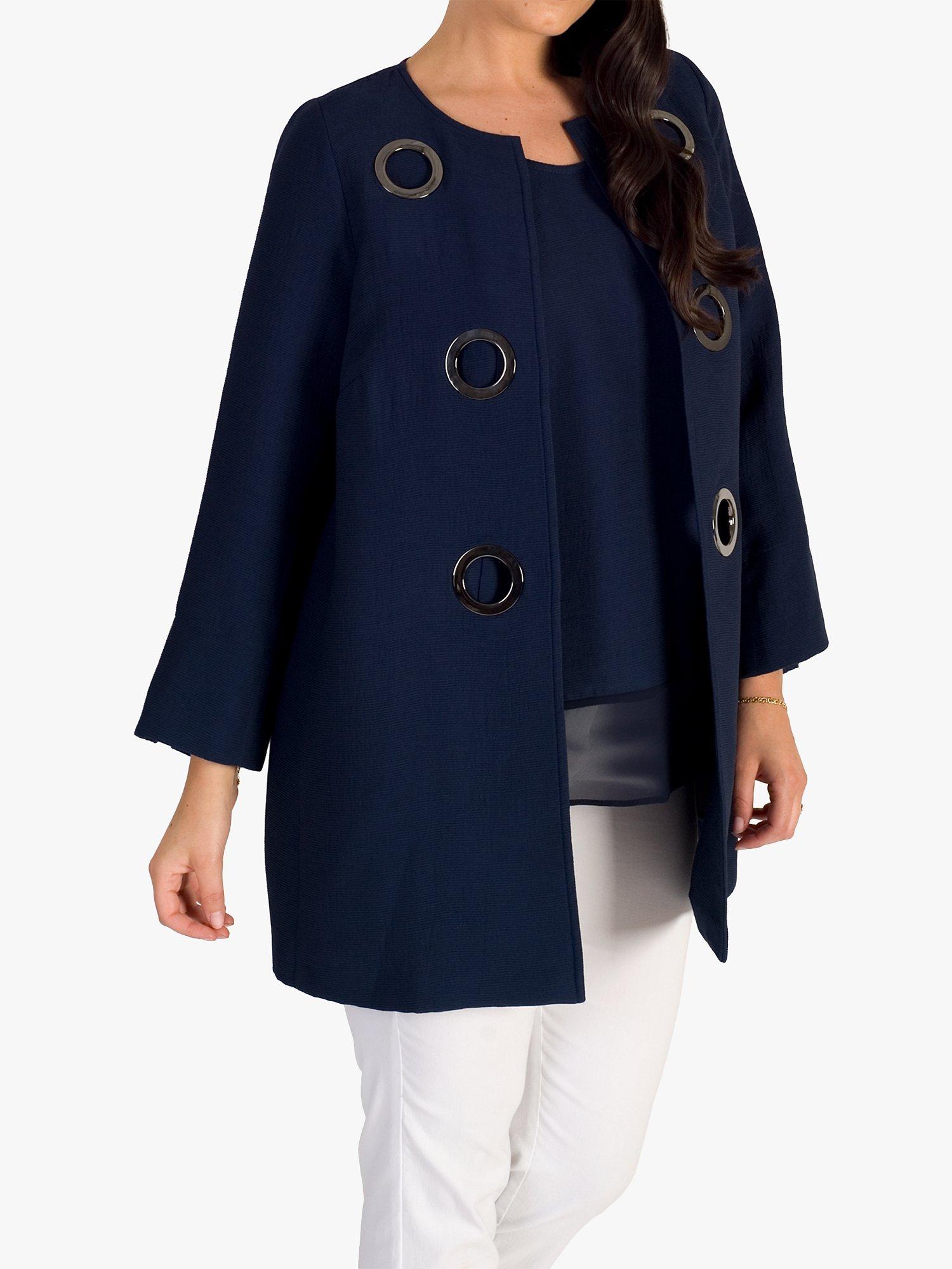 chesca Fine Ribbed Metallic Eyelet Jacket, Navy