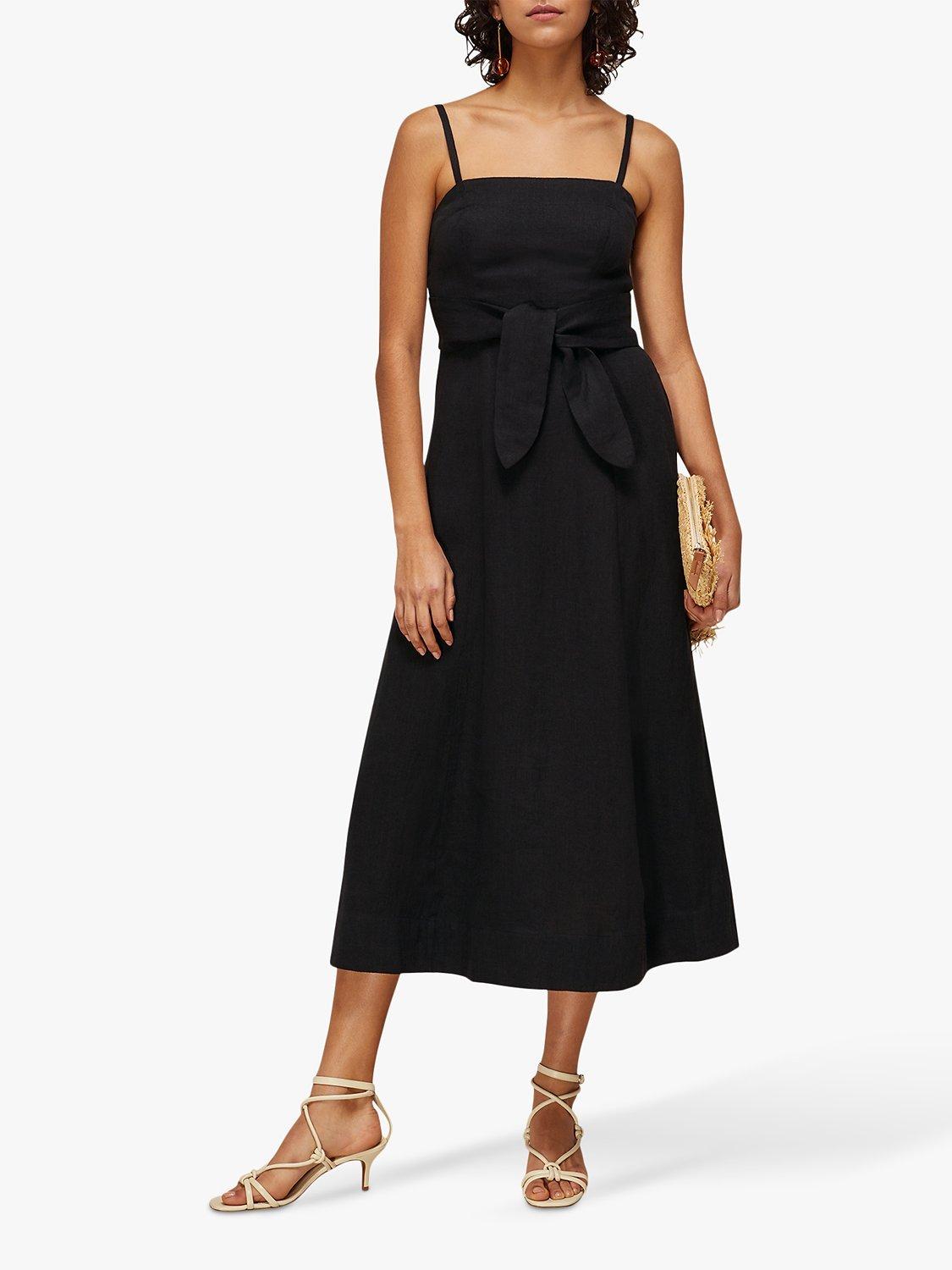 Whistles Linen Tie Belt Midi Dress, Black
