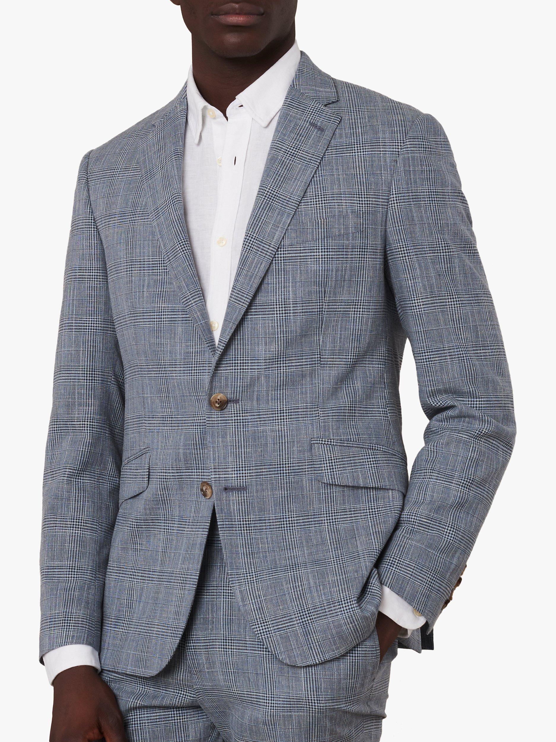 Jaeger Linen Blend Check Slim Fit Blazer, Blue