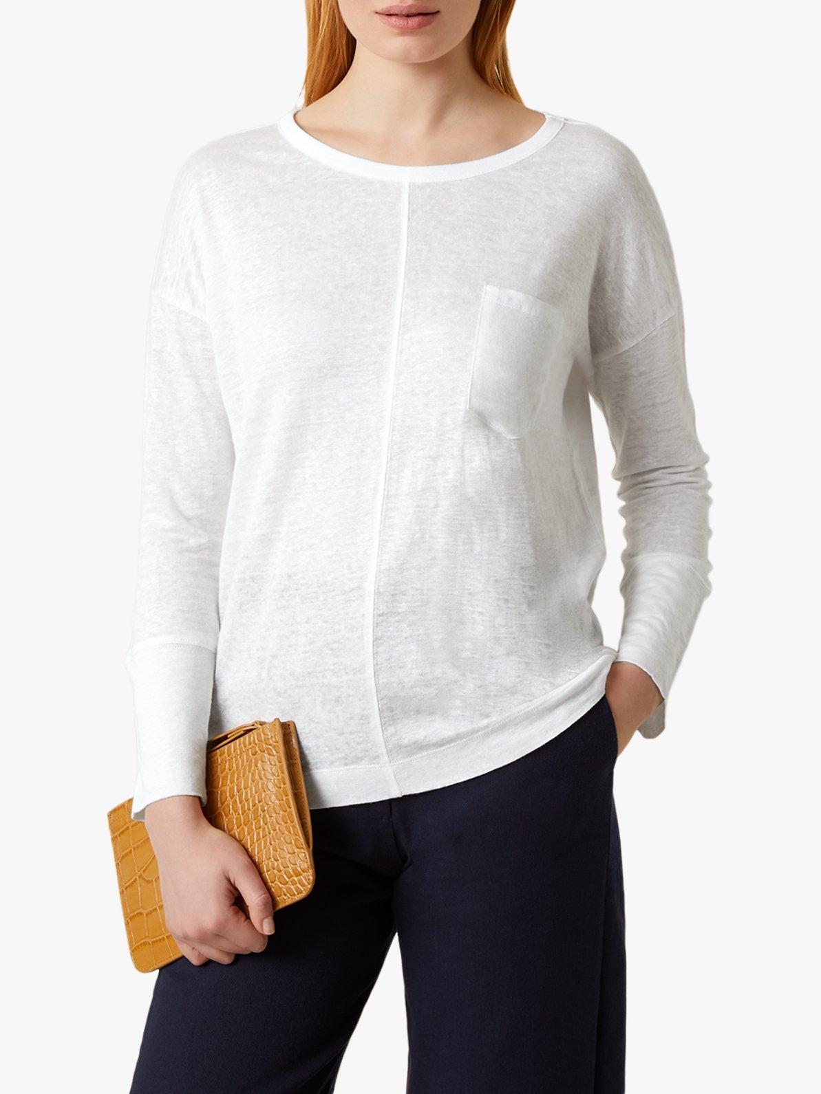 Jigsaw Slouchy Linen Pocket Long Sleeve Top, White