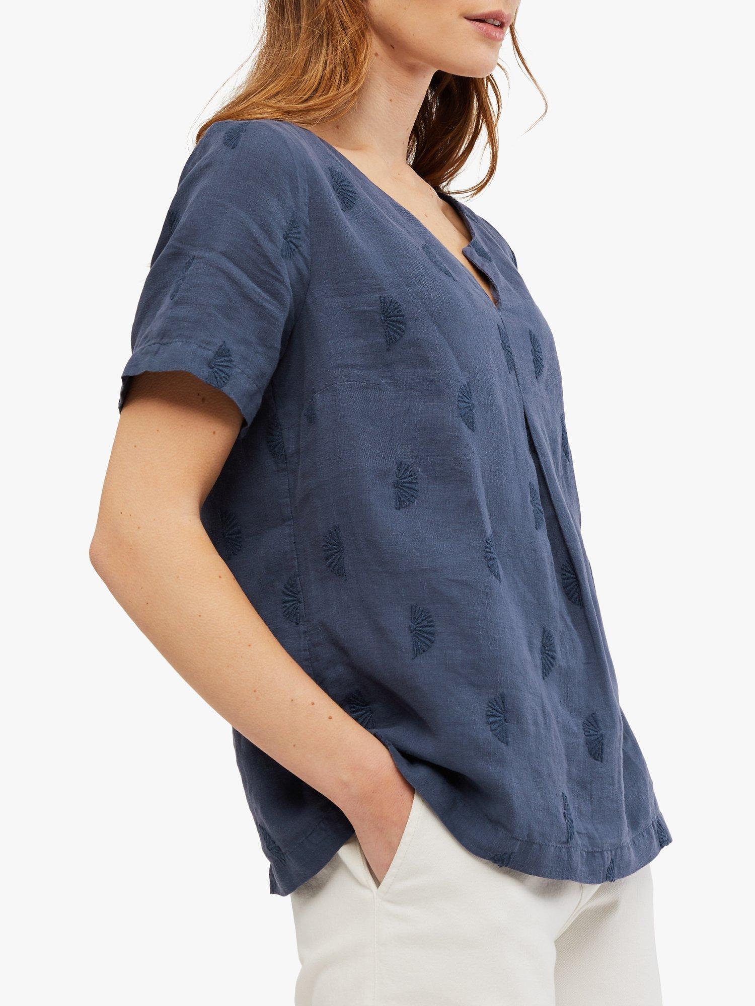 White Stuff Embroidered V-Neck Linen Top, Ink Navy