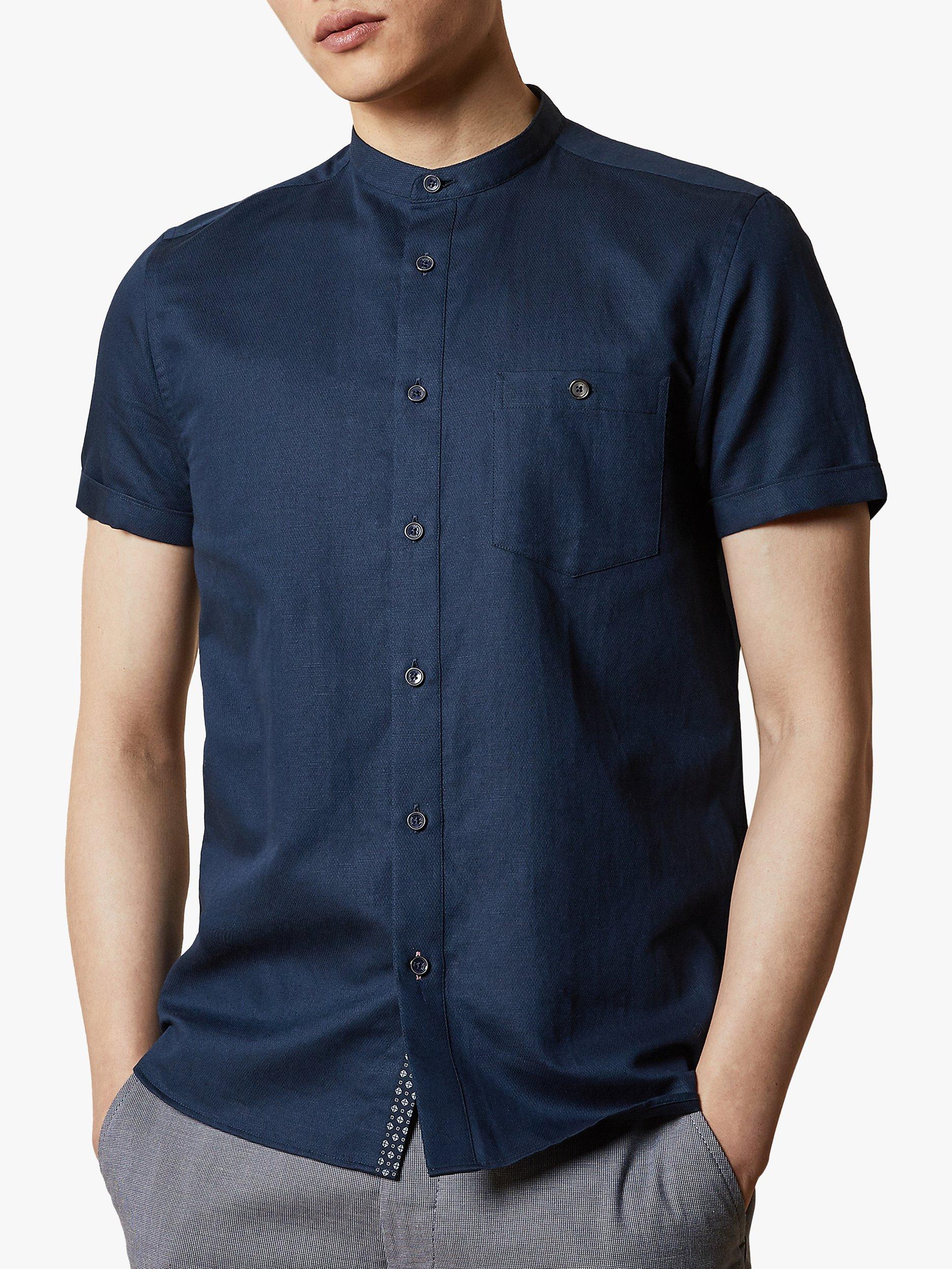 Ted Baker Glate Linen Cotton Grandad Collar Short Sleeve Shirt, Navy Blue