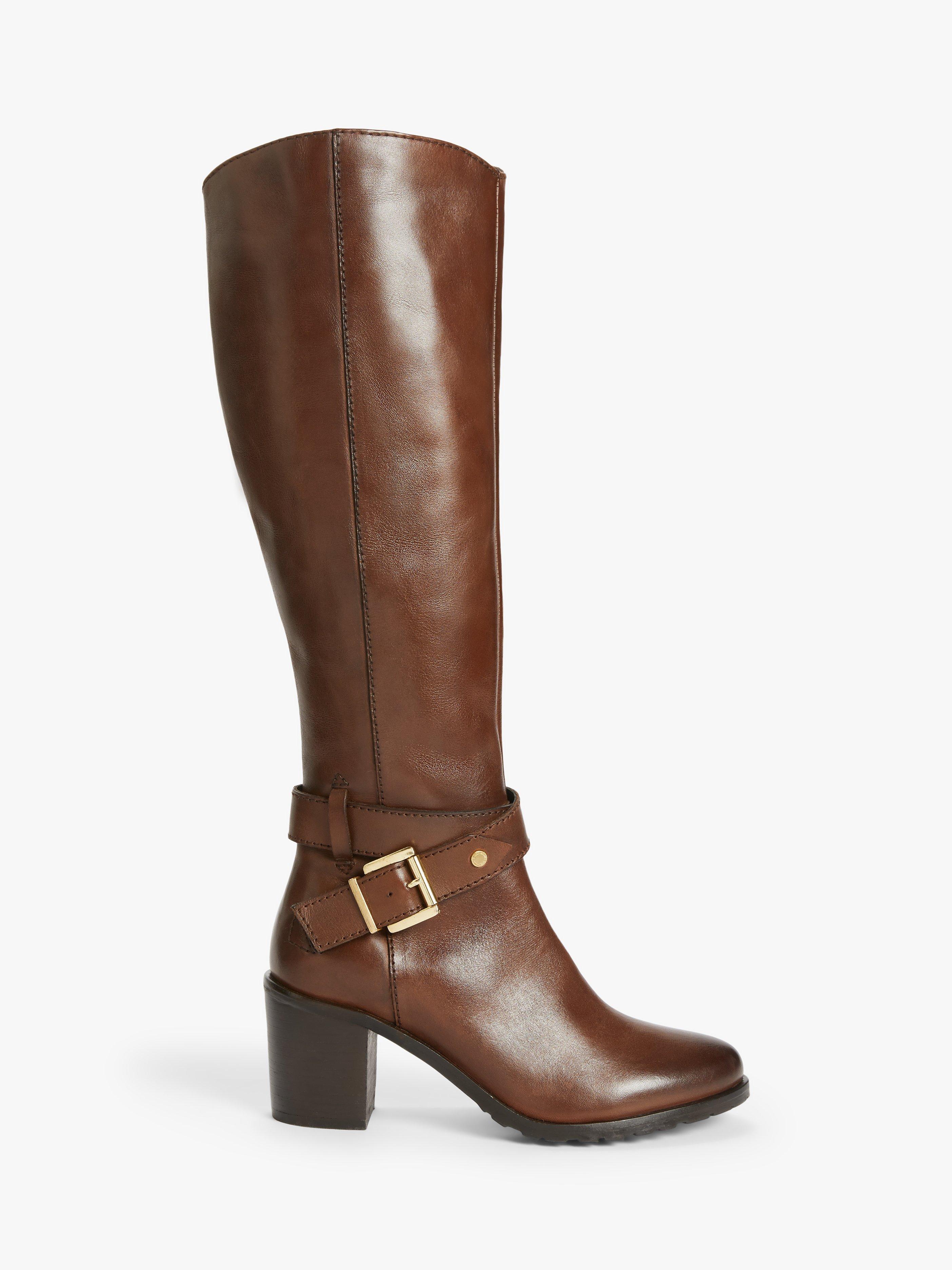 John Lewis Tamara Leather Harness Detail Heeled Knee High Boots, Brown