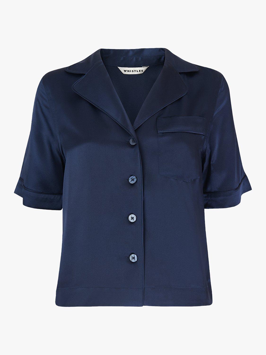 Whistles Silk Satin Bowling Shirt, Navy