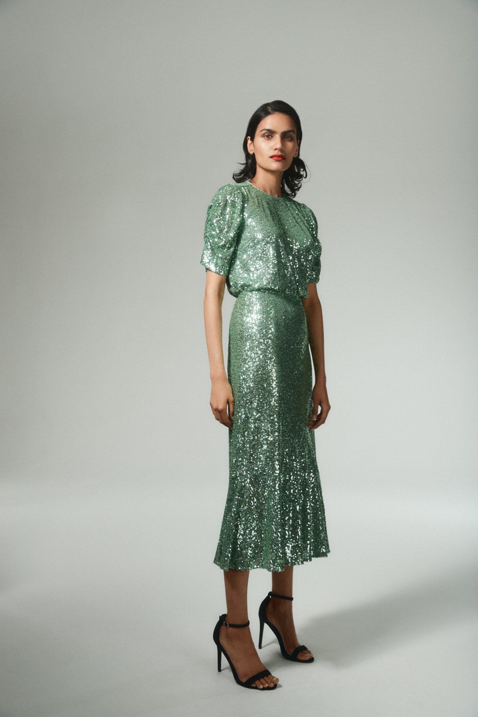 Whistles Suki Sequin Midi Skirt, Green