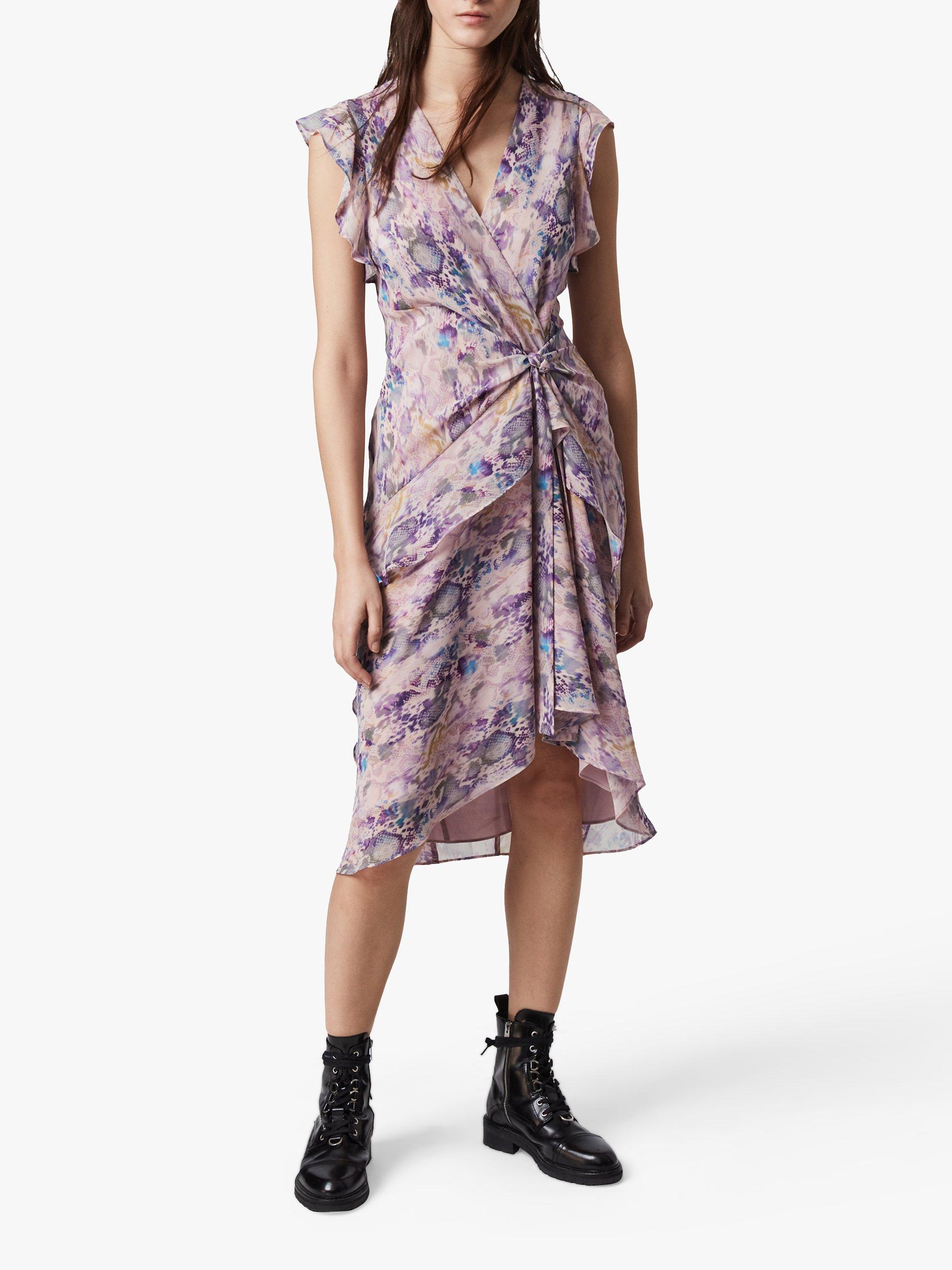 AllSaints Reila Masala Snake Print Wrap Dress, Mink Pink