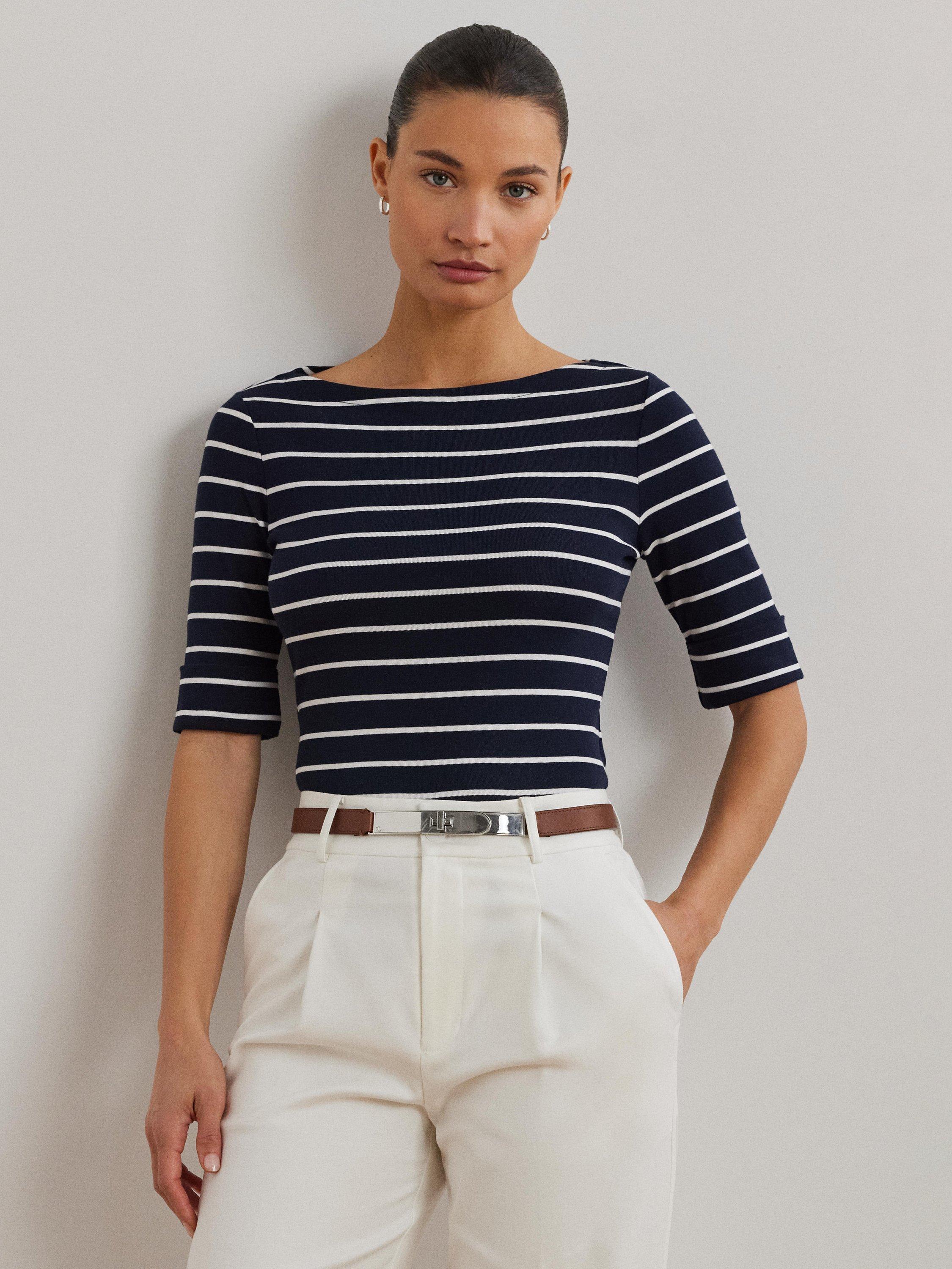 Product image 1 of 5, which shows Lauren Ralph Lauren Judy Boat Neck Top, Lauren Navy/White, XXS
