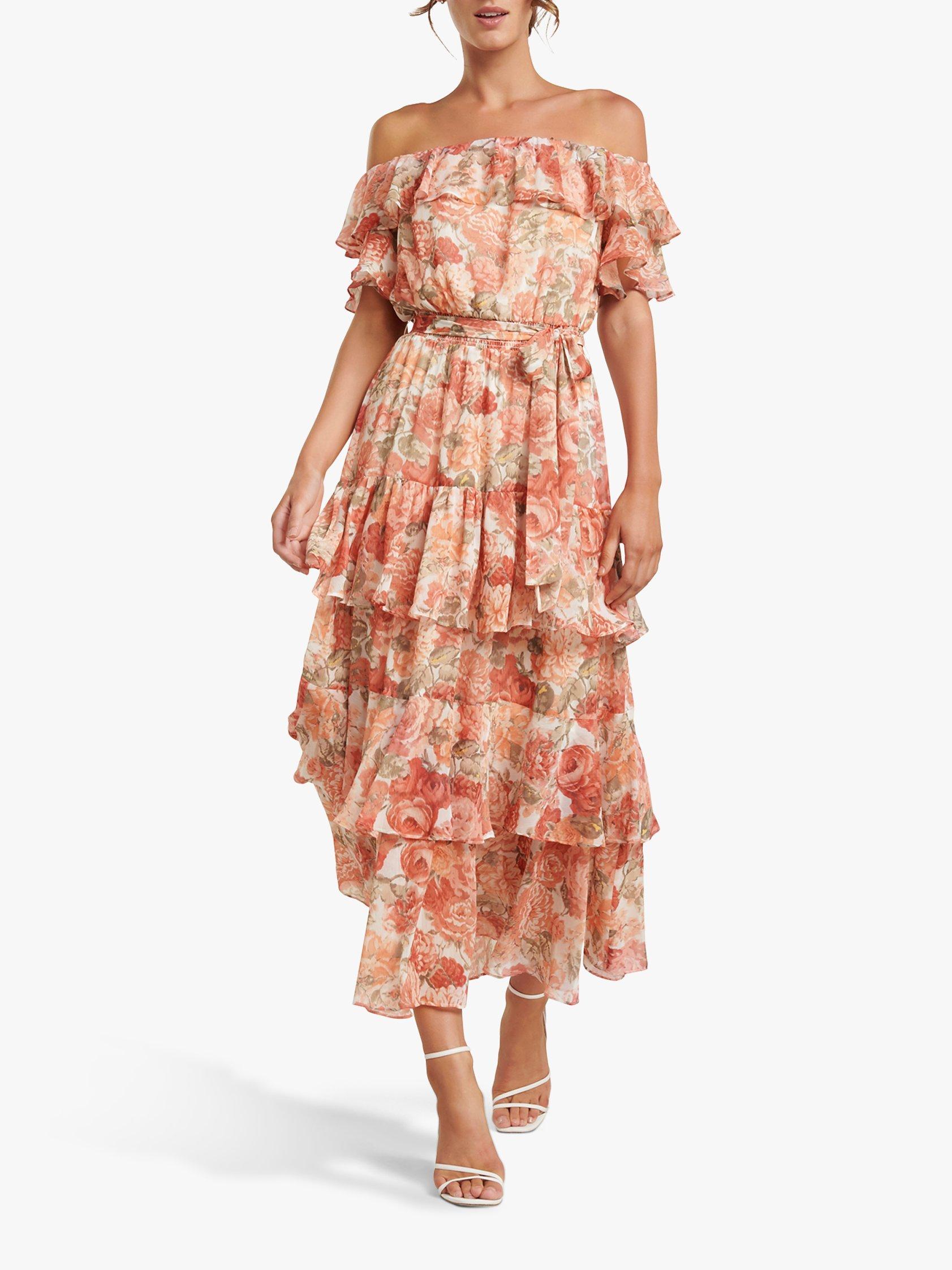 Forever New Becca Floral Print Bardot Ruffle Maxi Dress, Coral Sunrise
