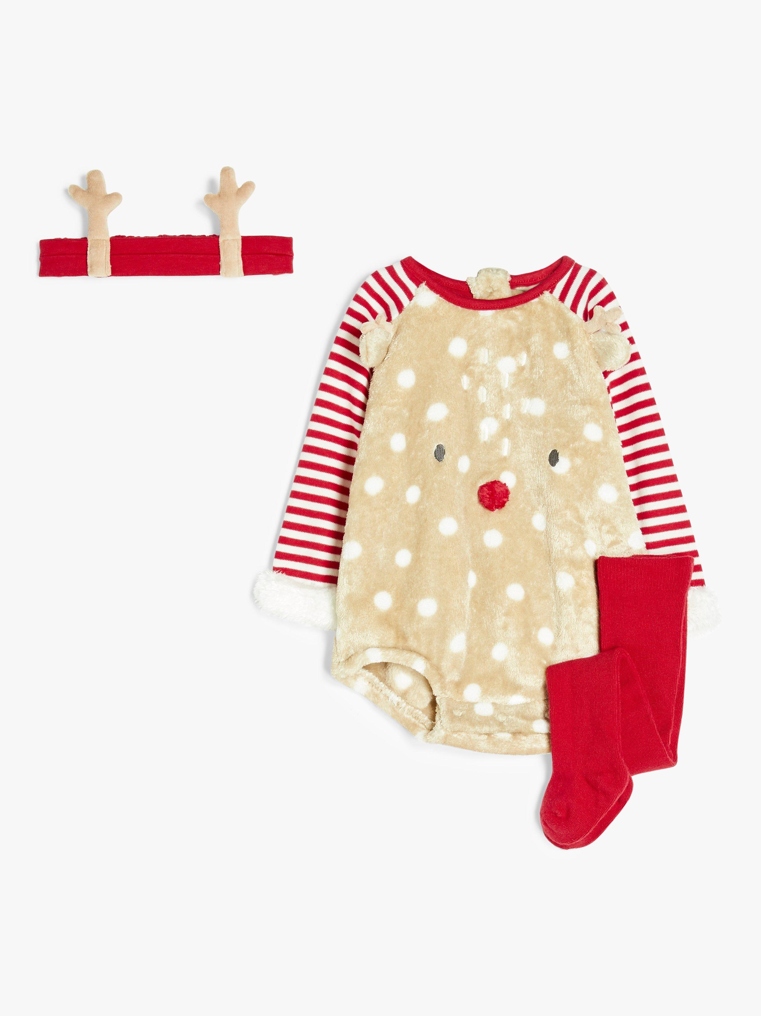 John Lewis Baby Organic Cotton Christmas Reindeer Bodysuit Tights and Headband Multi