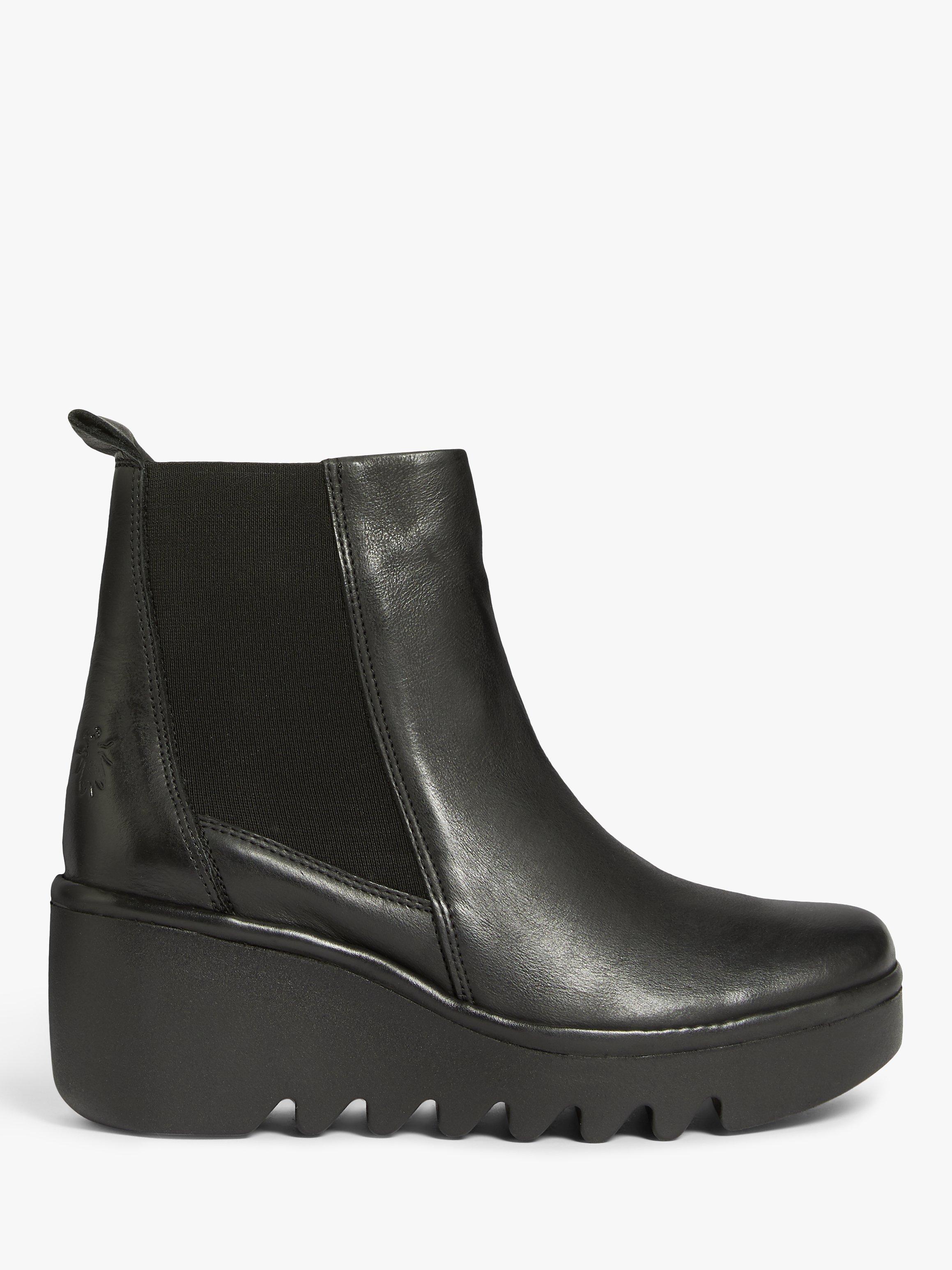 Fly London Bagu Leather Wedge Heel Platform Ankle Boots Black