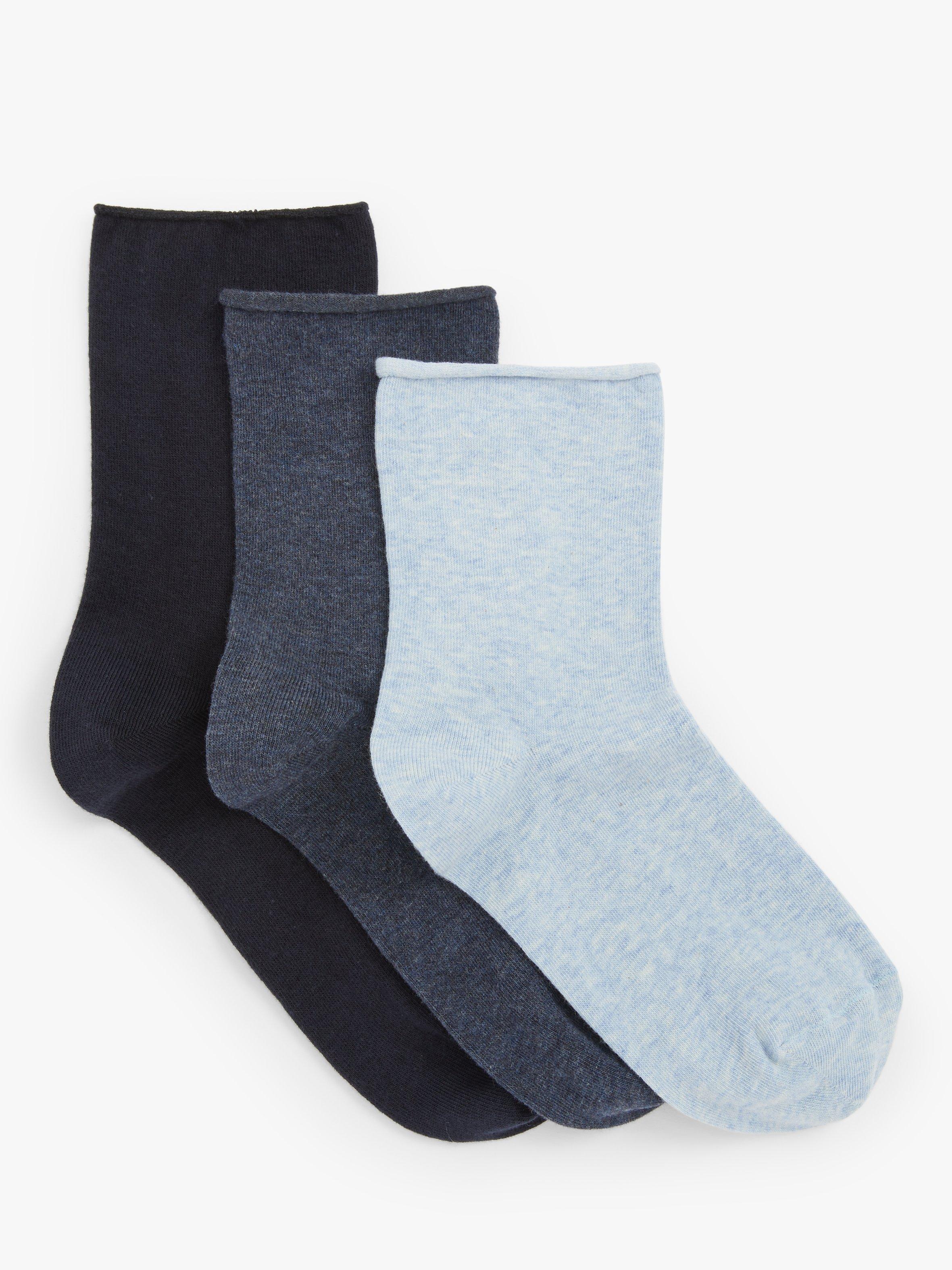 John Lewis Women's Organic Cotton Rich Ankle Socks, Pack of 3, Blue, M-L