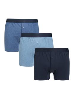 John Lewis Organic Cotton Button Fly Trunks, Pack of 3, Blue/Light Blue/Navy Marl