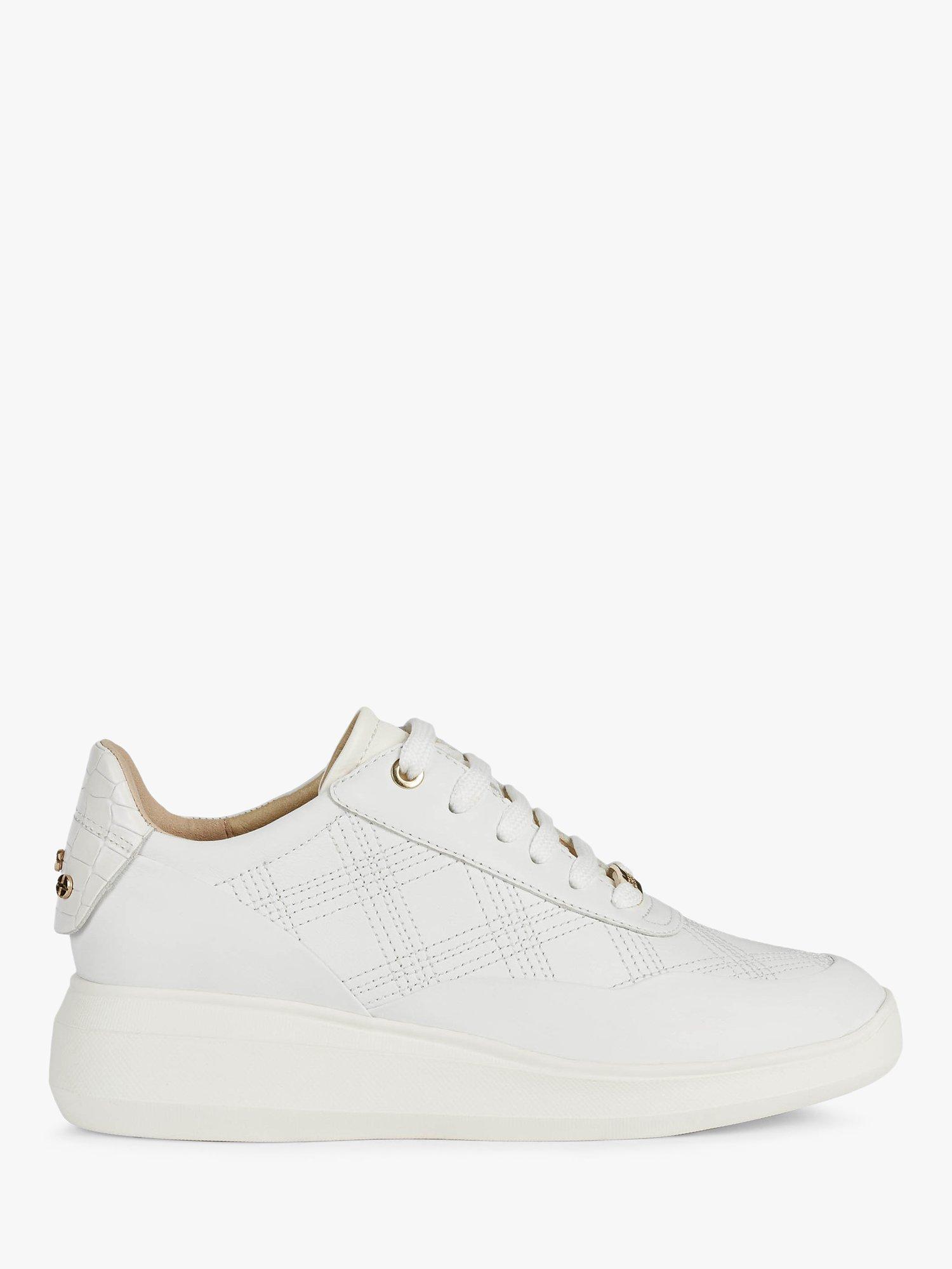 Geox Women's Rubidia Perforated Leather Wedge Trainers, White, 3