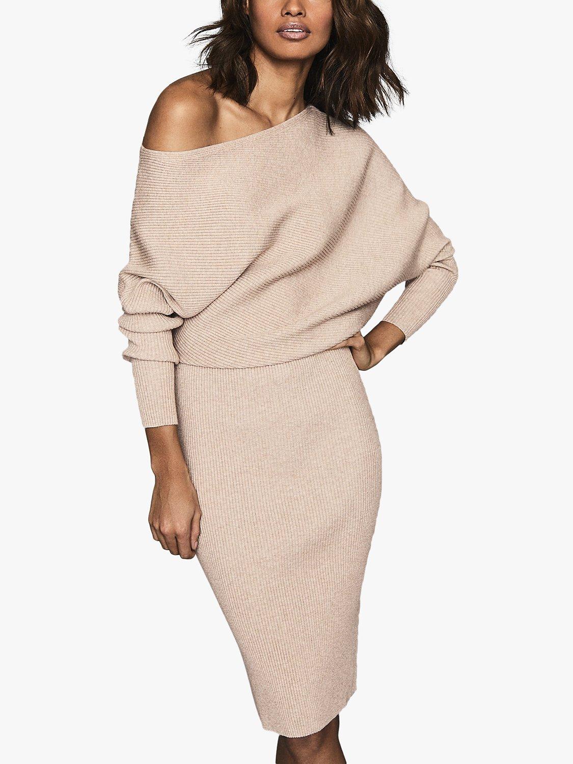 Reiss Lara Ribbed Off The Shoulder Dress Stone