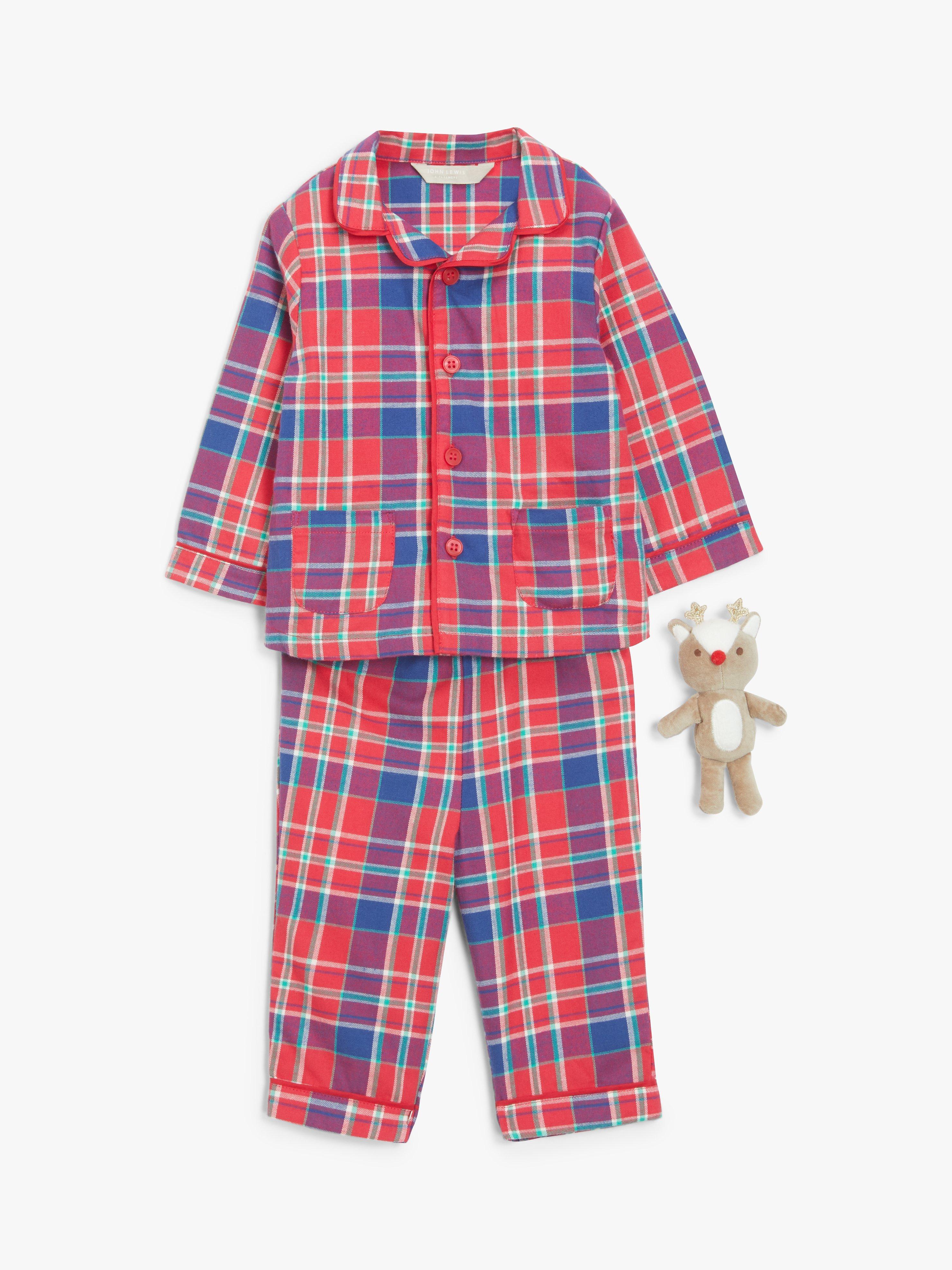 John Lewis Baby Check Pyjamas & Reindeer Toy Set, Red