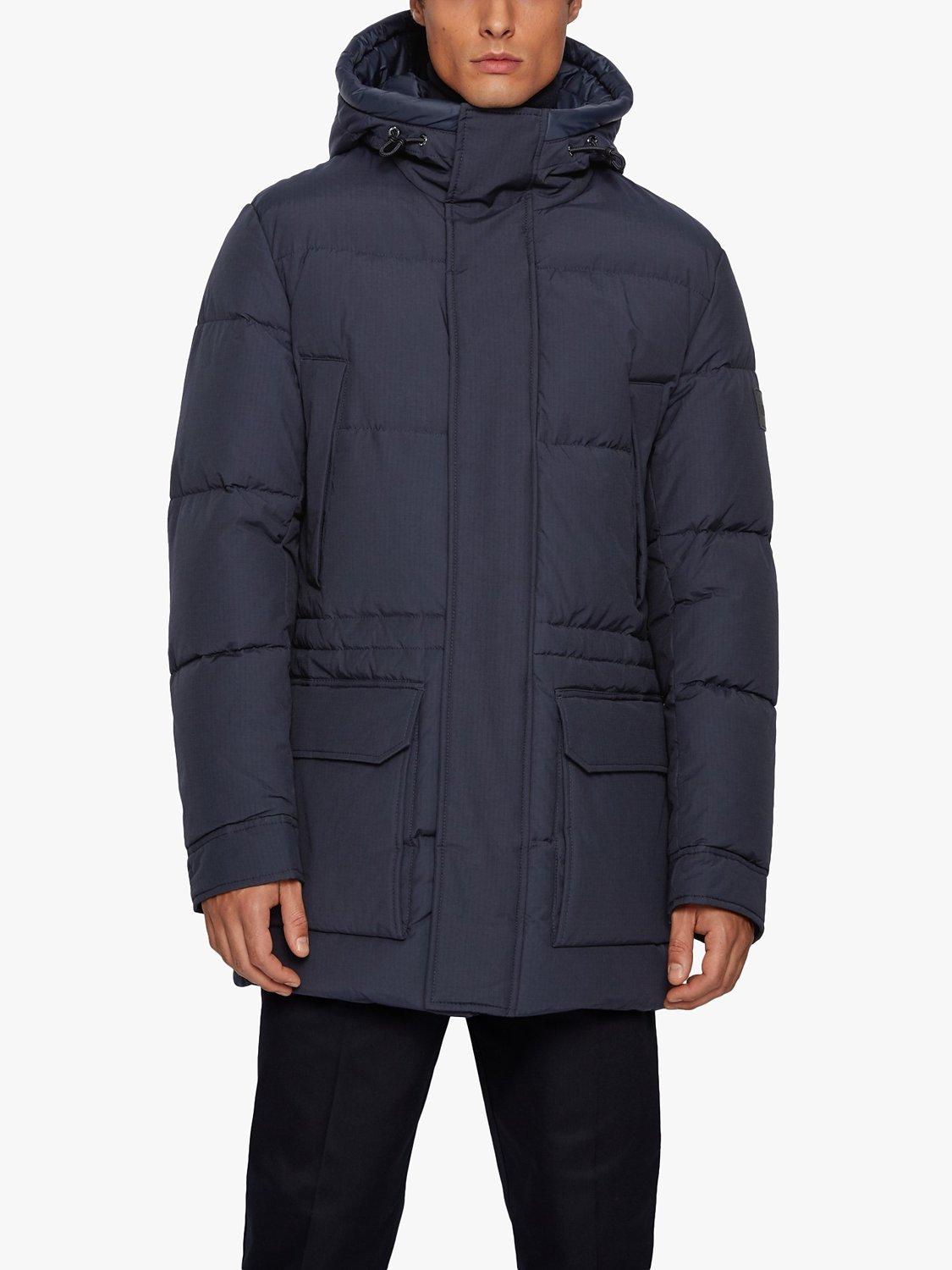 BOSS Domerlos Hooded Long Quilted Jacket, Dark Blue