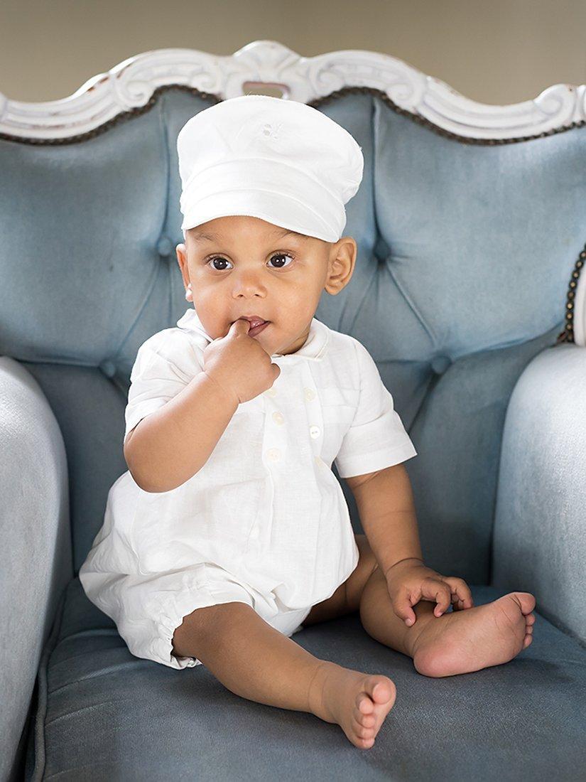 Emile et Rose Baby Pierre Romper, Baker Boy Cap and Teddy Bear Set, White