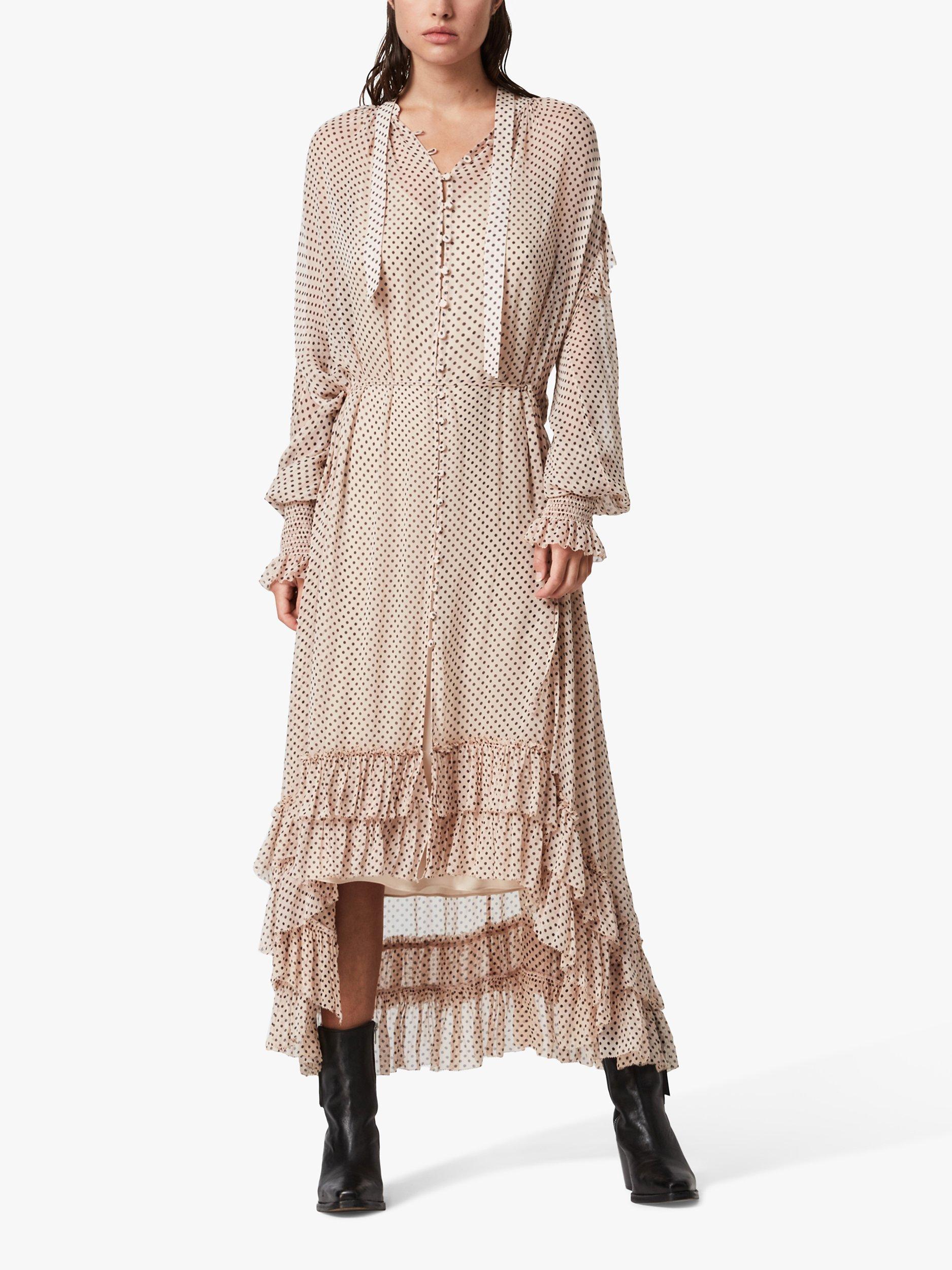 AllSaints Lara Polka Dot Ruffle Midi Dress, Nude Pink, 14