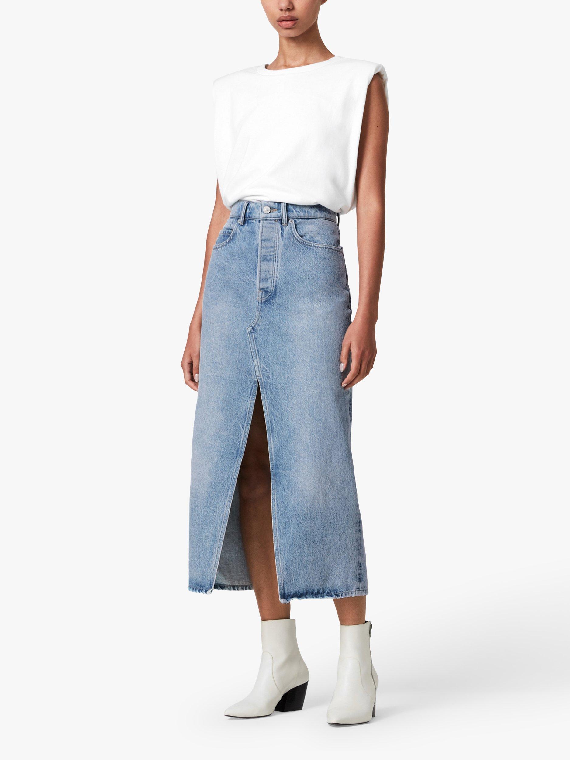 AllSaints Dottie Denim Front Split Maxi Skirt, Indigo Blue