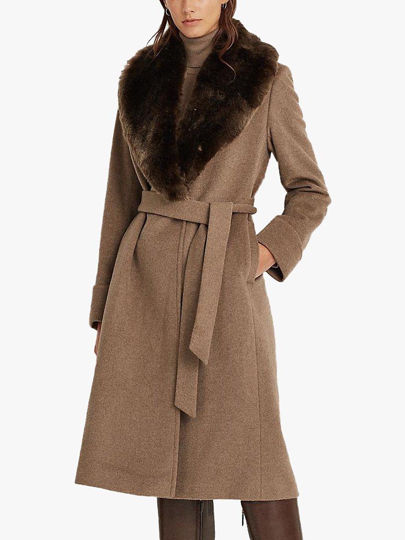 Lauren Ralph Lauren Wrap Faux Fur Trim Coat Brown