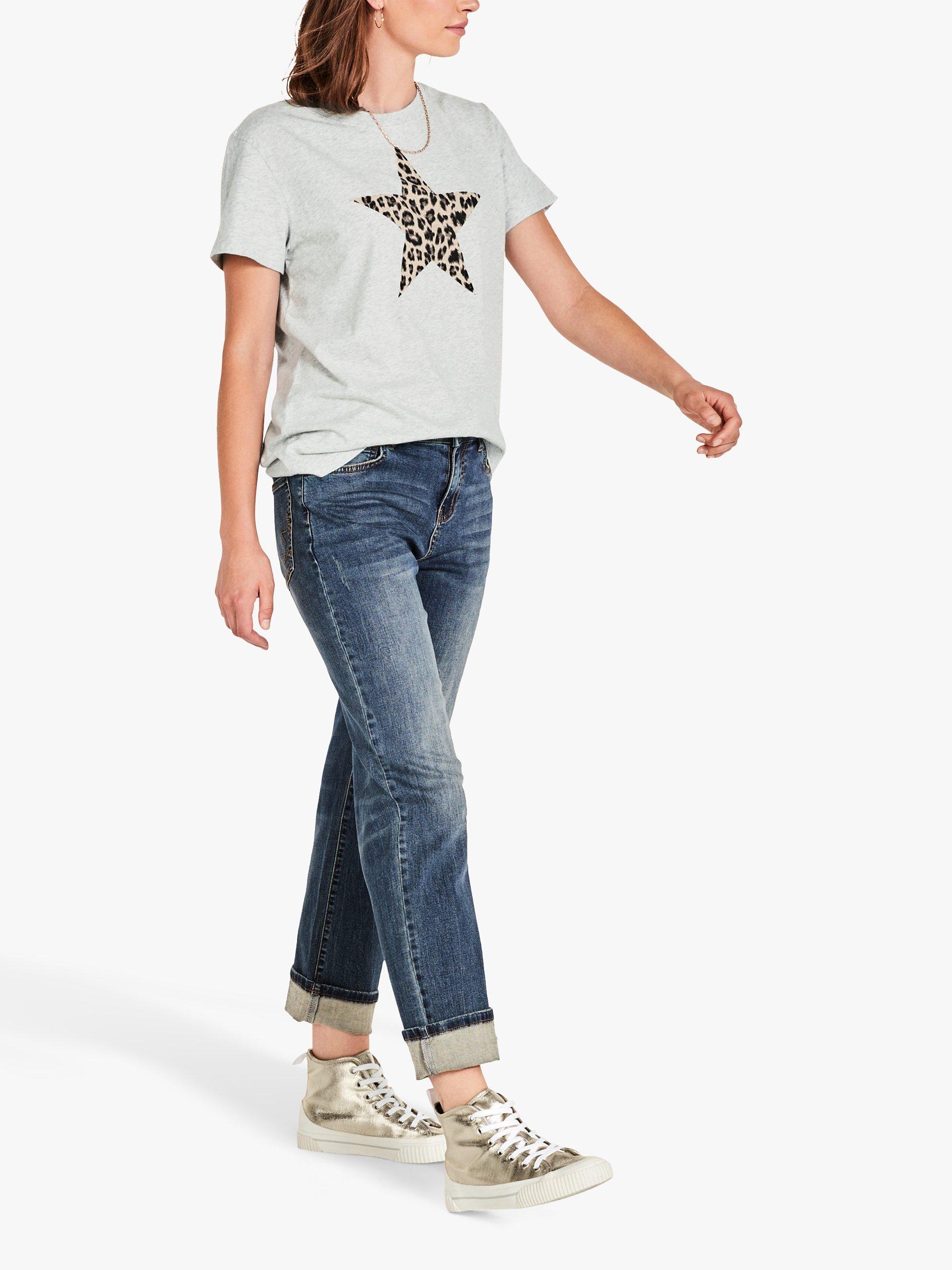 HUSH Leopard Star Crew Neck Tee, Light Grey Marl