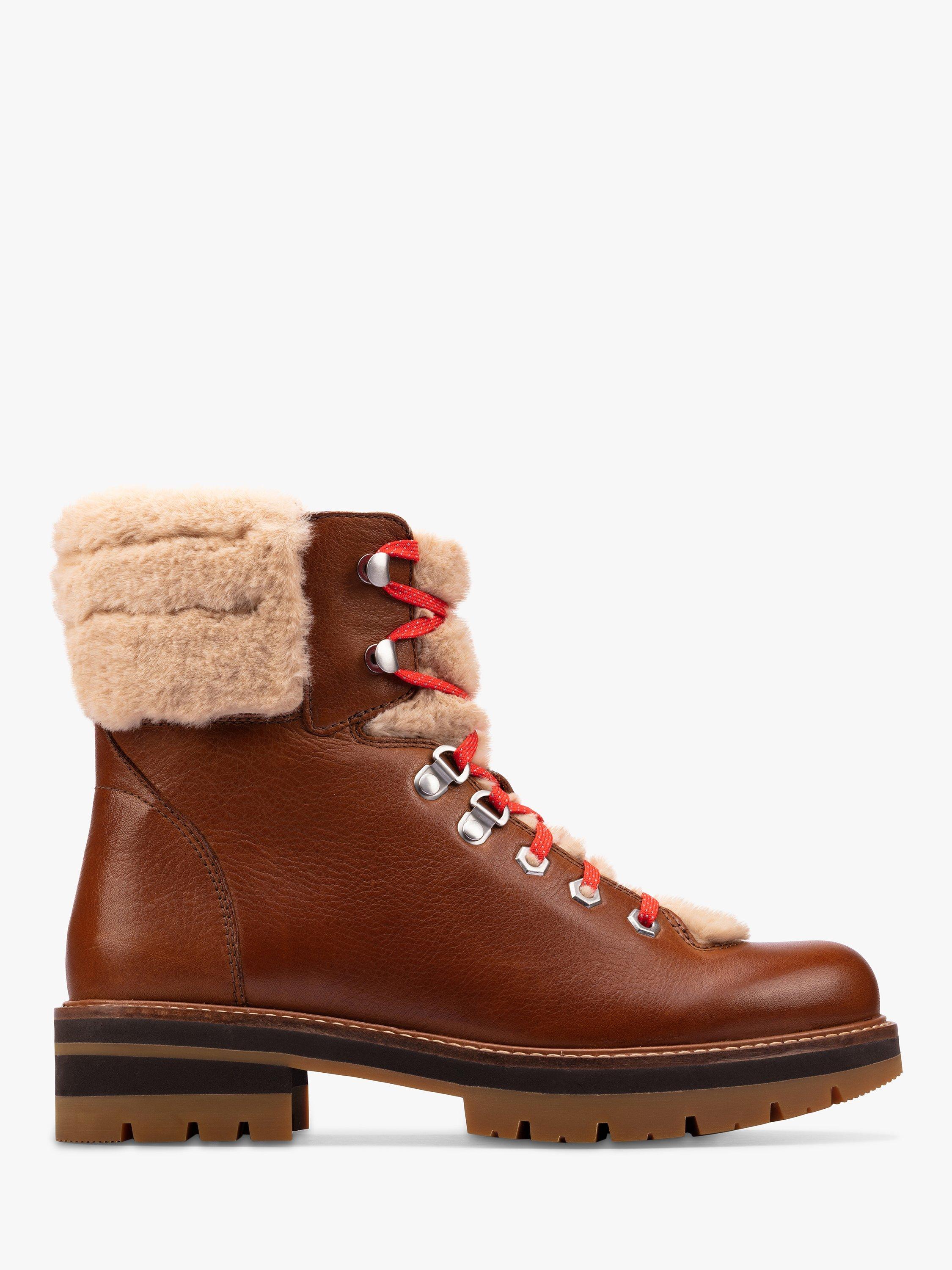 Clarks Orianna Chunky Fur Top Leather Hiker Boots Dark Tan