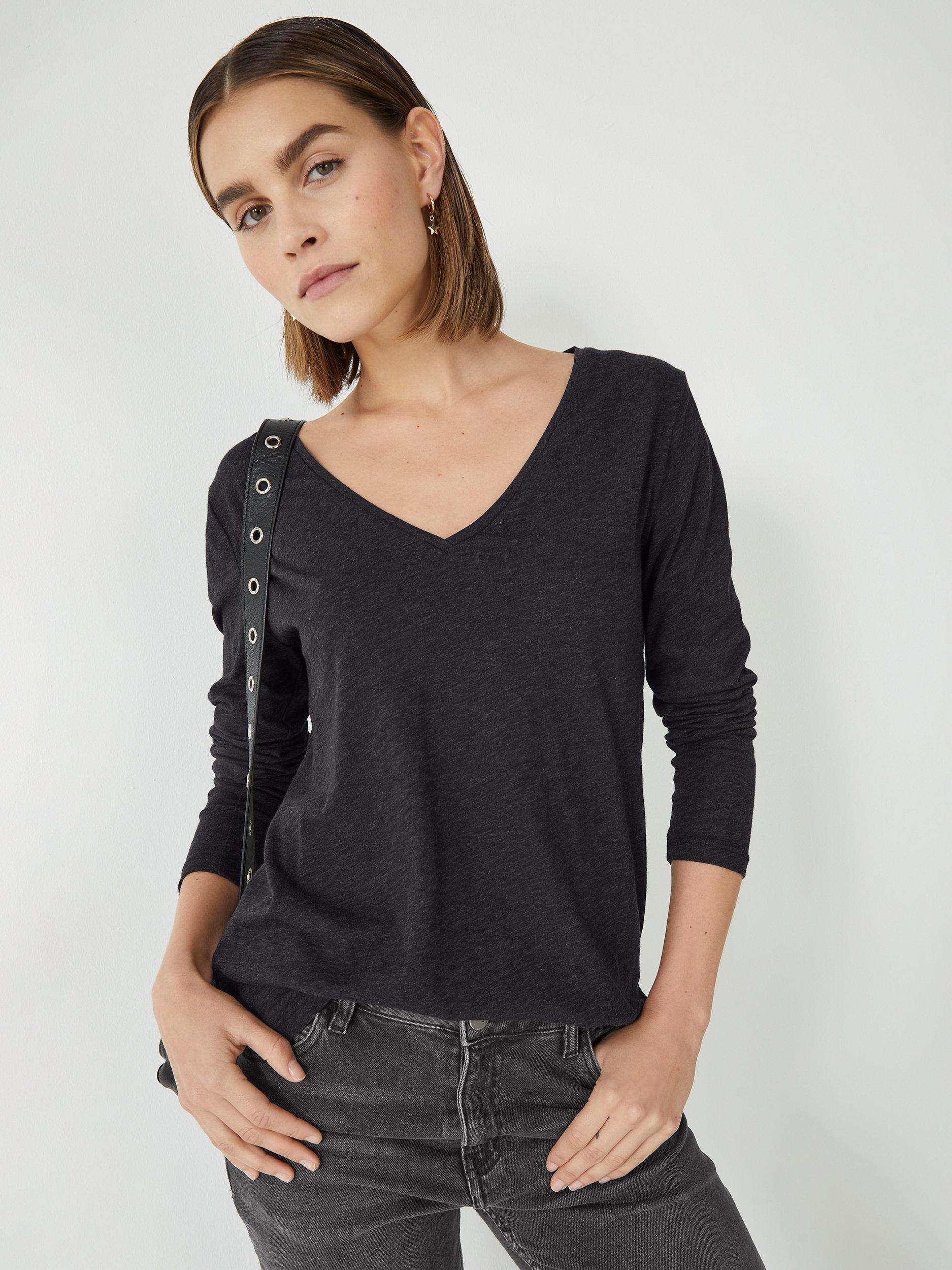 HUSH Long Sleeve V-Neck Slub Tee, Charcoal