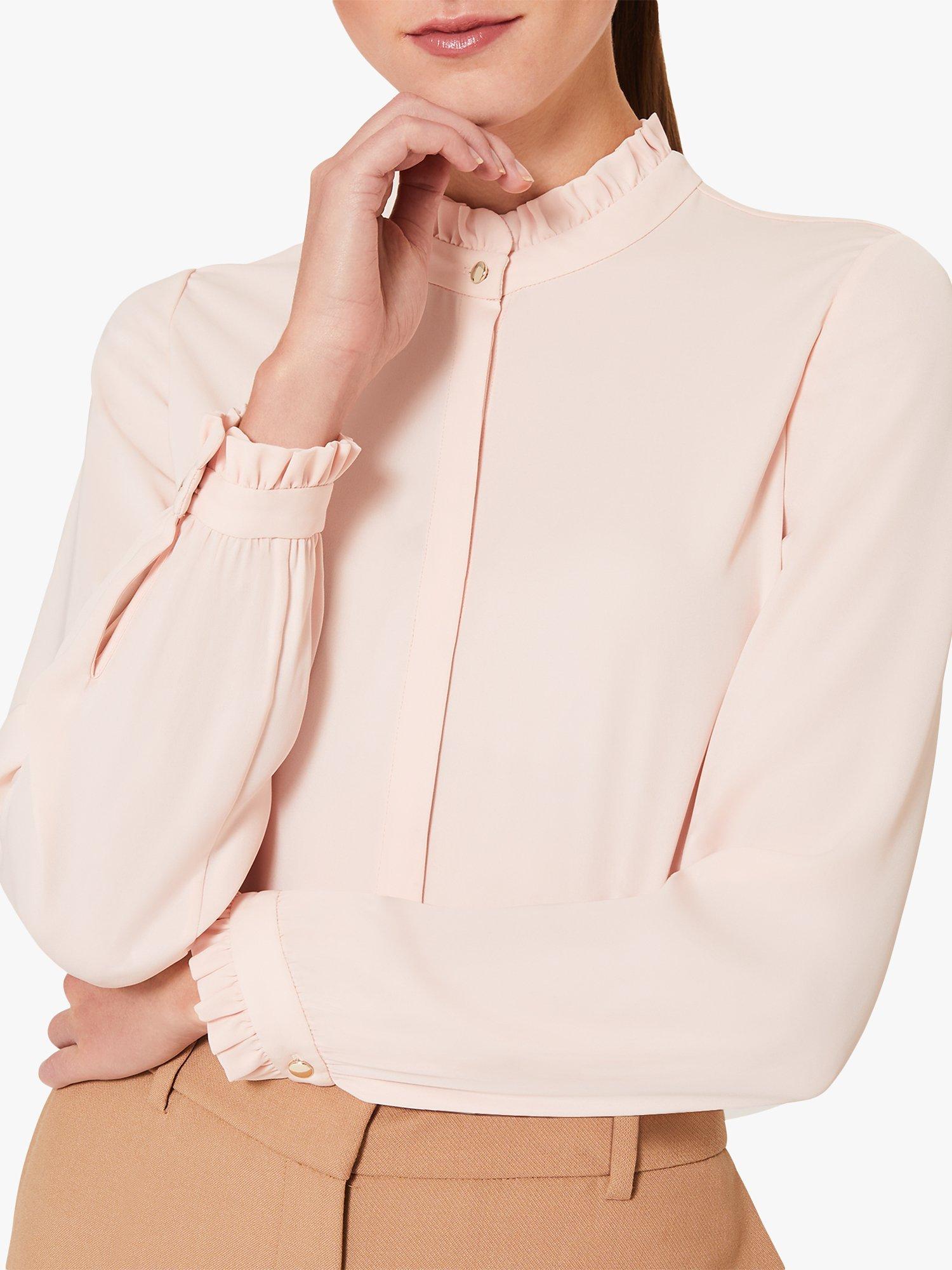 Hobbs Tina Button Through Ruffle Neck Blouse, Pale Pink