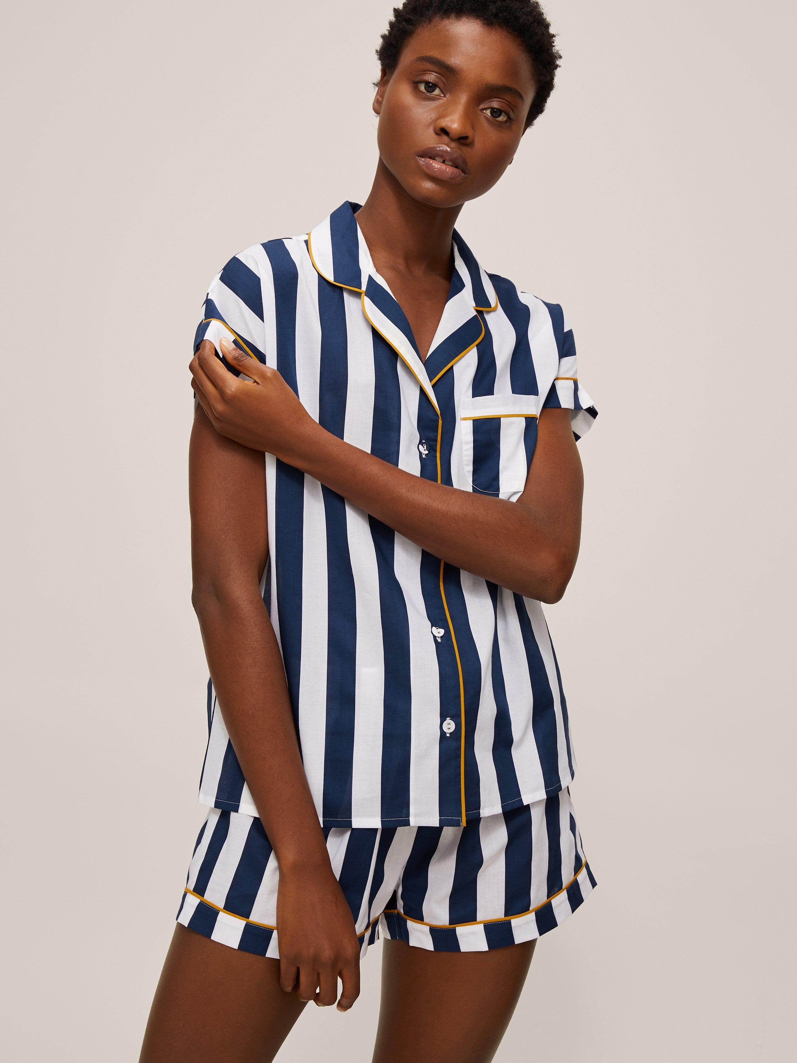 John Lewis Margo Stripe Cotton Shorts Pyjama Set, White/Blue