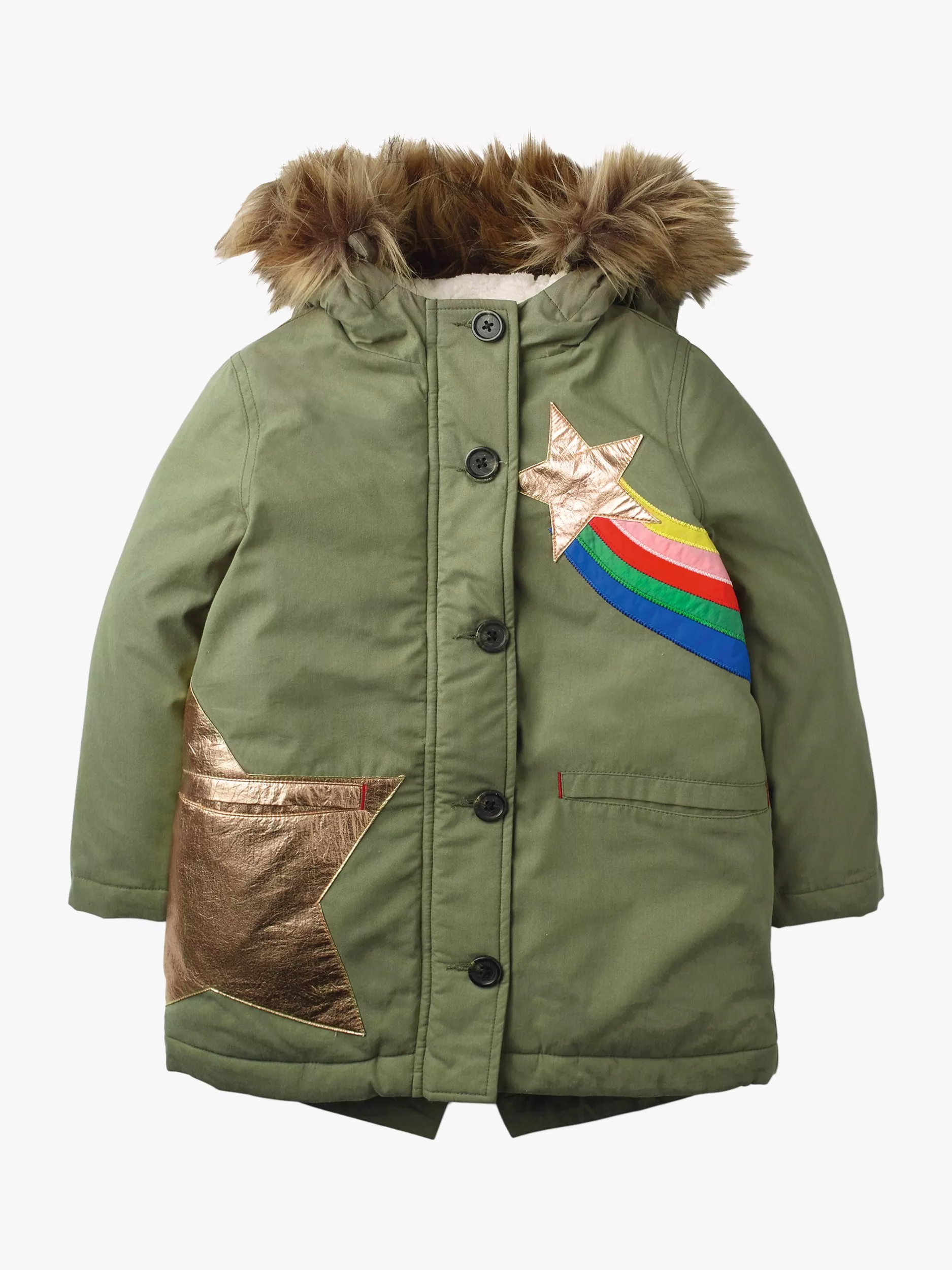 Mini Boden Kids Cosy Rainbow Stripe Parka Coat Khaki