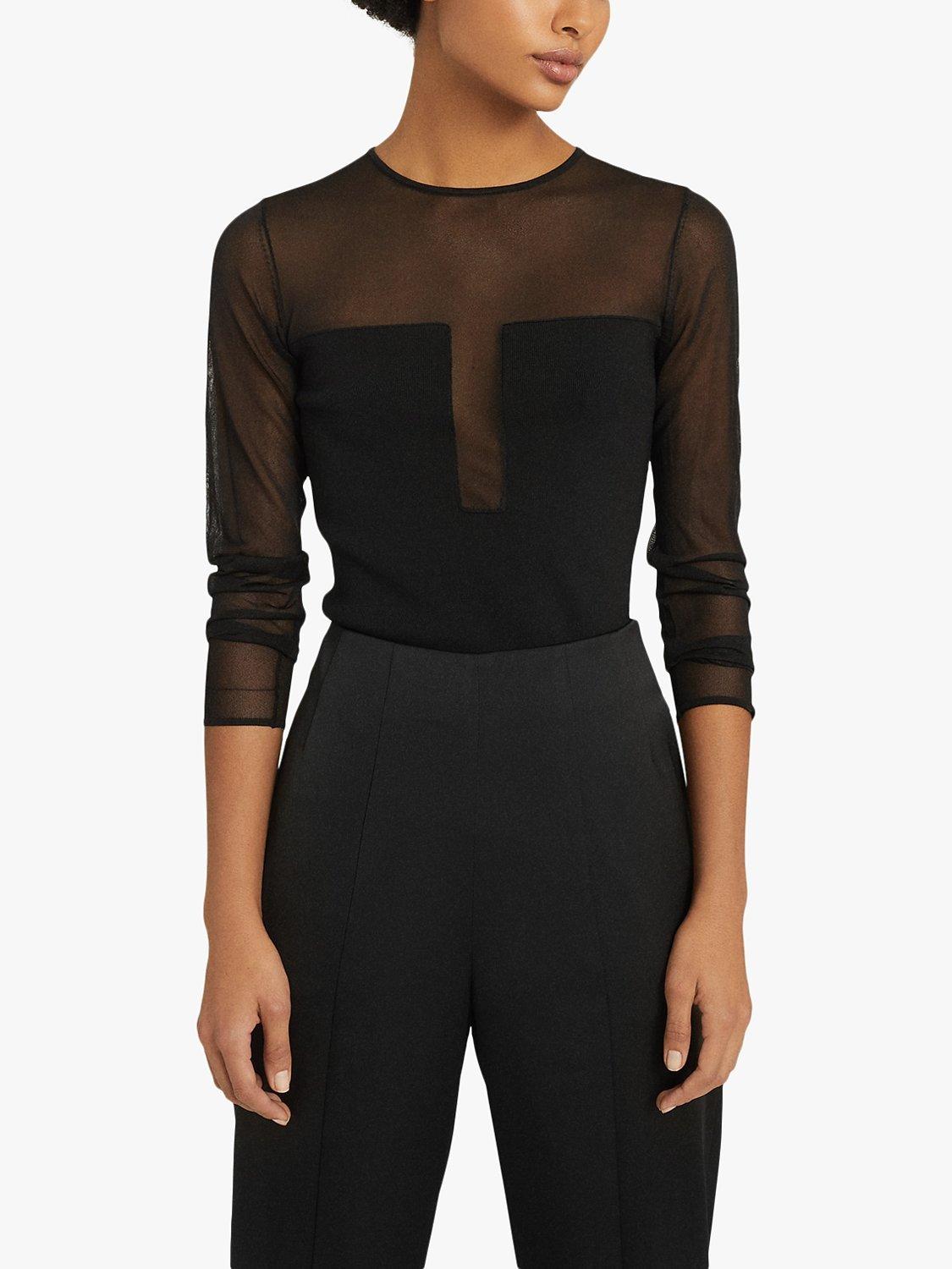 Reiss Lily Plunge Semi Sheer Top Black