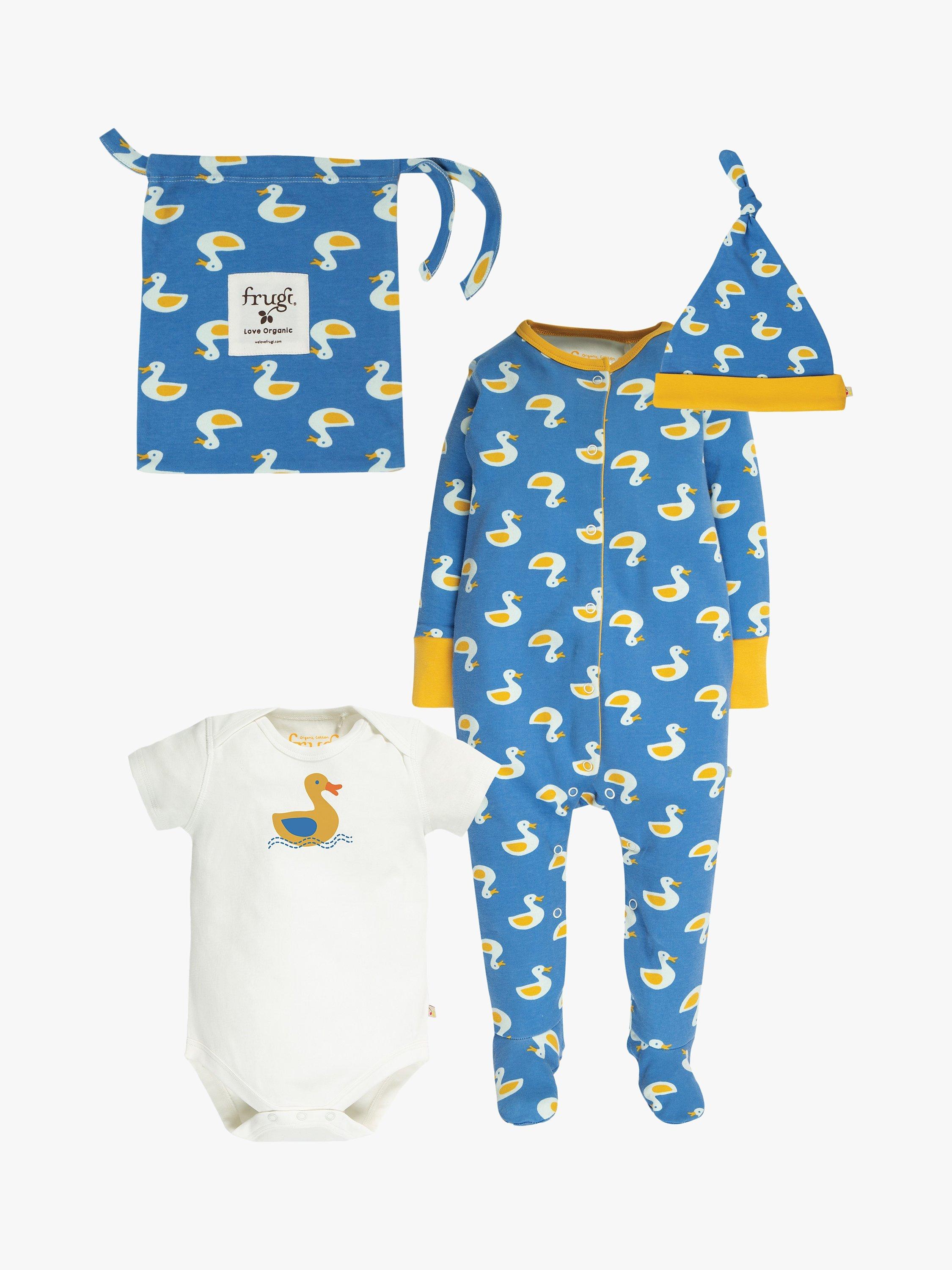 Frugi Baby GOTS Organic Cotton Duck Print Babygrow, Bodysuit & Hat Gift Set, Blue
