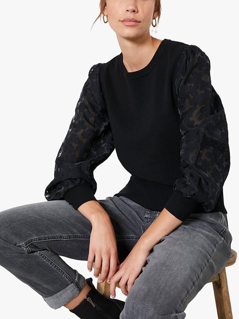 Mint Velvet Puff Sleeve Floral Jumper, Black