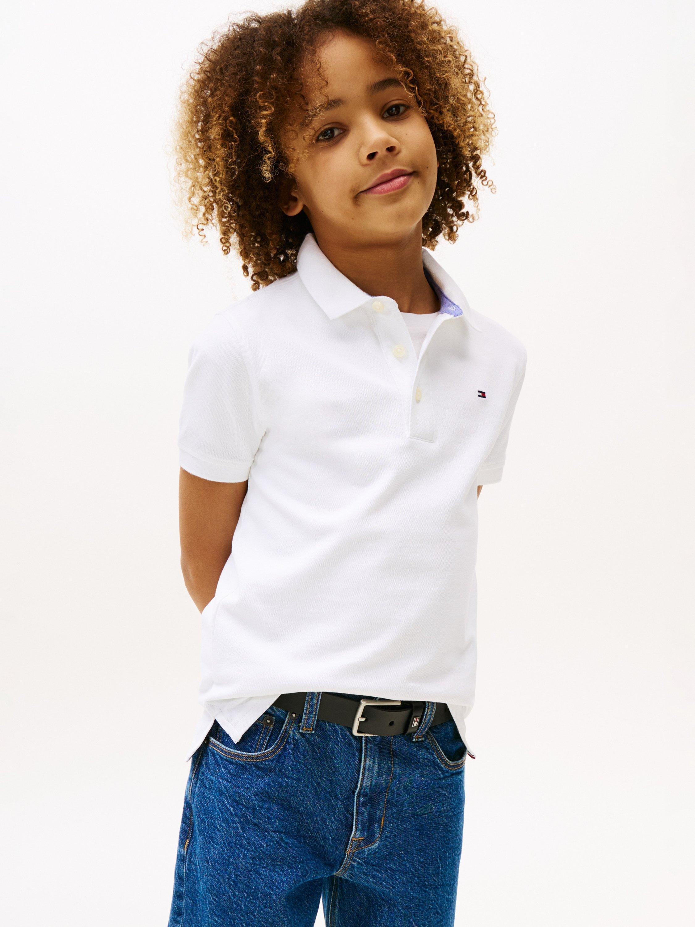 Product image 1 of 6, which shows Tommy Hilfiger Kids' Organic Cotton Short Sleeve Polo Shirt, Bright White, 3 years