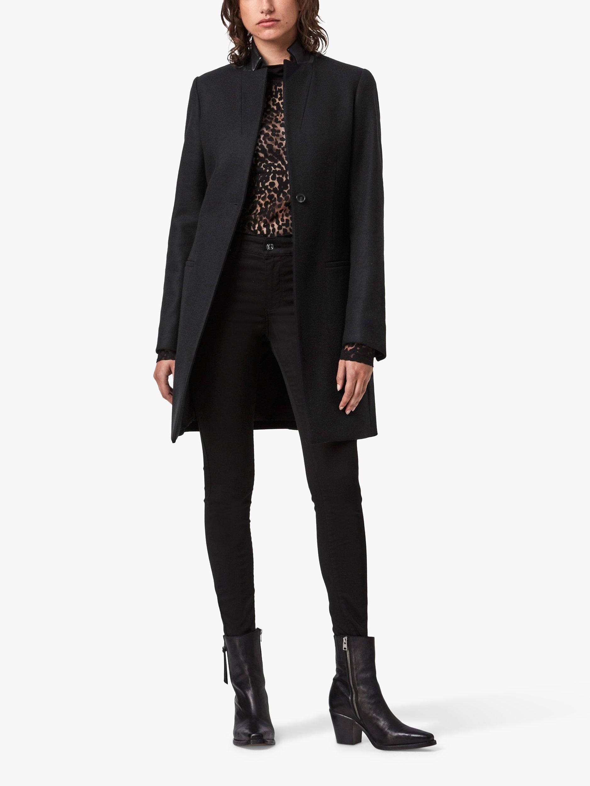 AllSaints Leni Leather Trime Wool Blend Coat Black