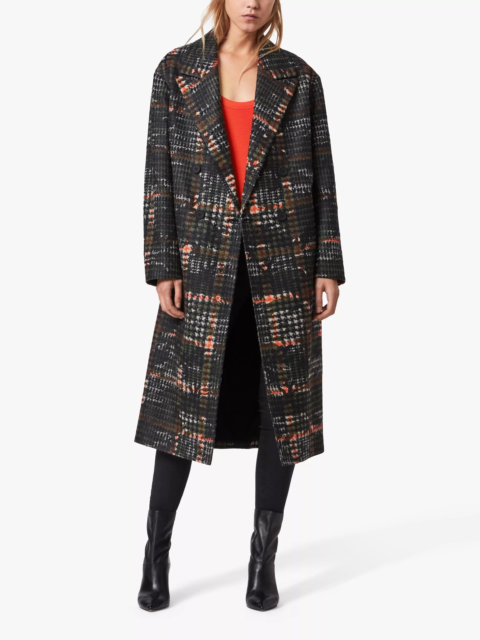 AllSaints Lottie Camo Check Longline Coat, Black/Orange
