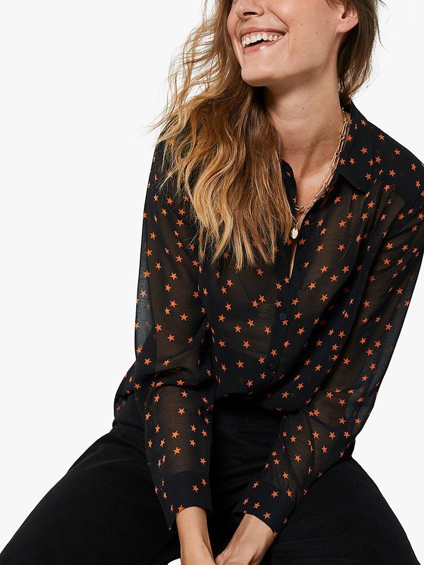 Mint Velvet Star Print Semi Sheer Blouse Black Orange