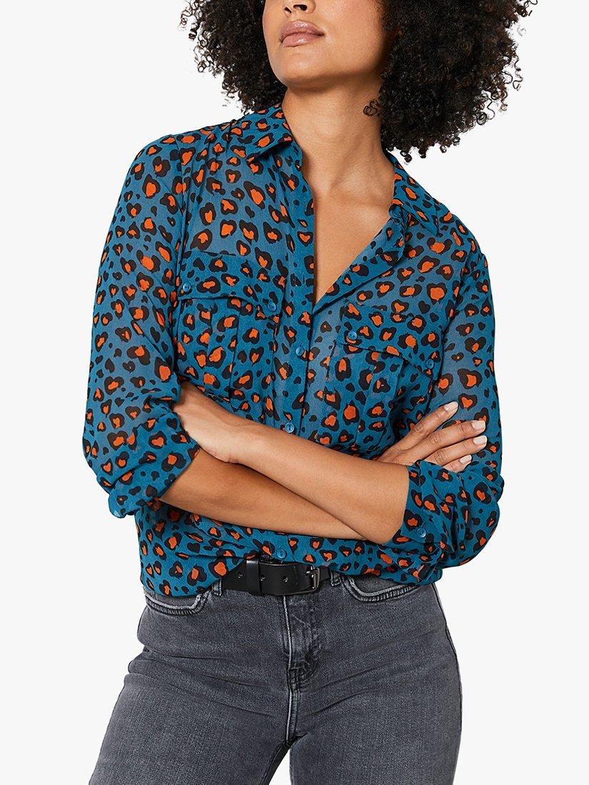 Mint Velvet Charlie Leopard Print Shirt, Teal/Orange