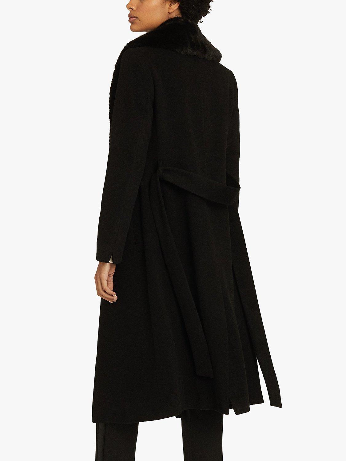 Reiss Pacey Wool Blend Faux Fur Collar Overcoat Black